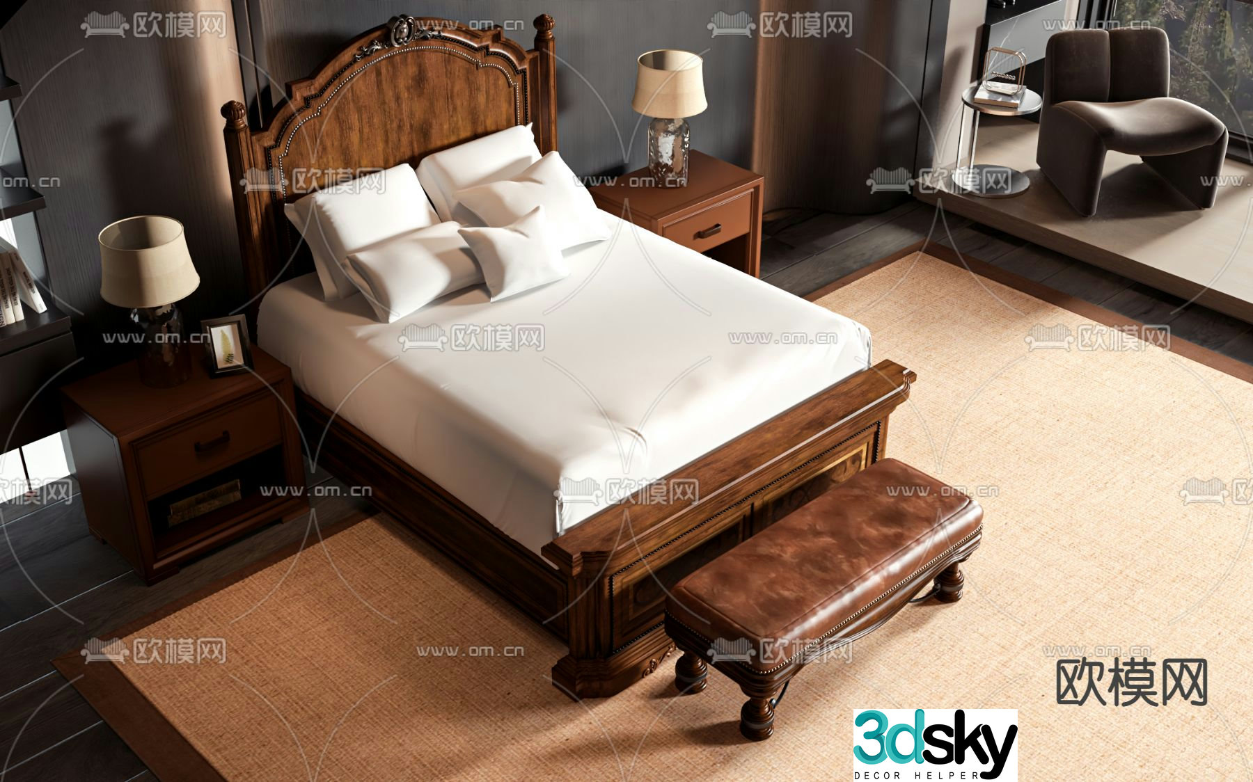 American double bed 3d model