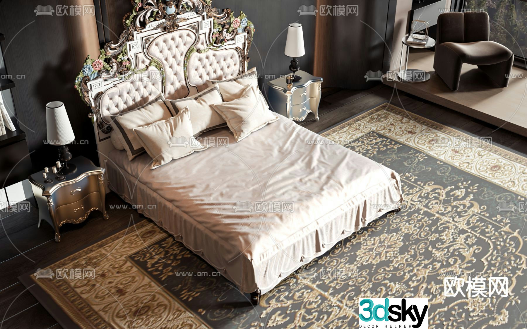 European double bed 3d model