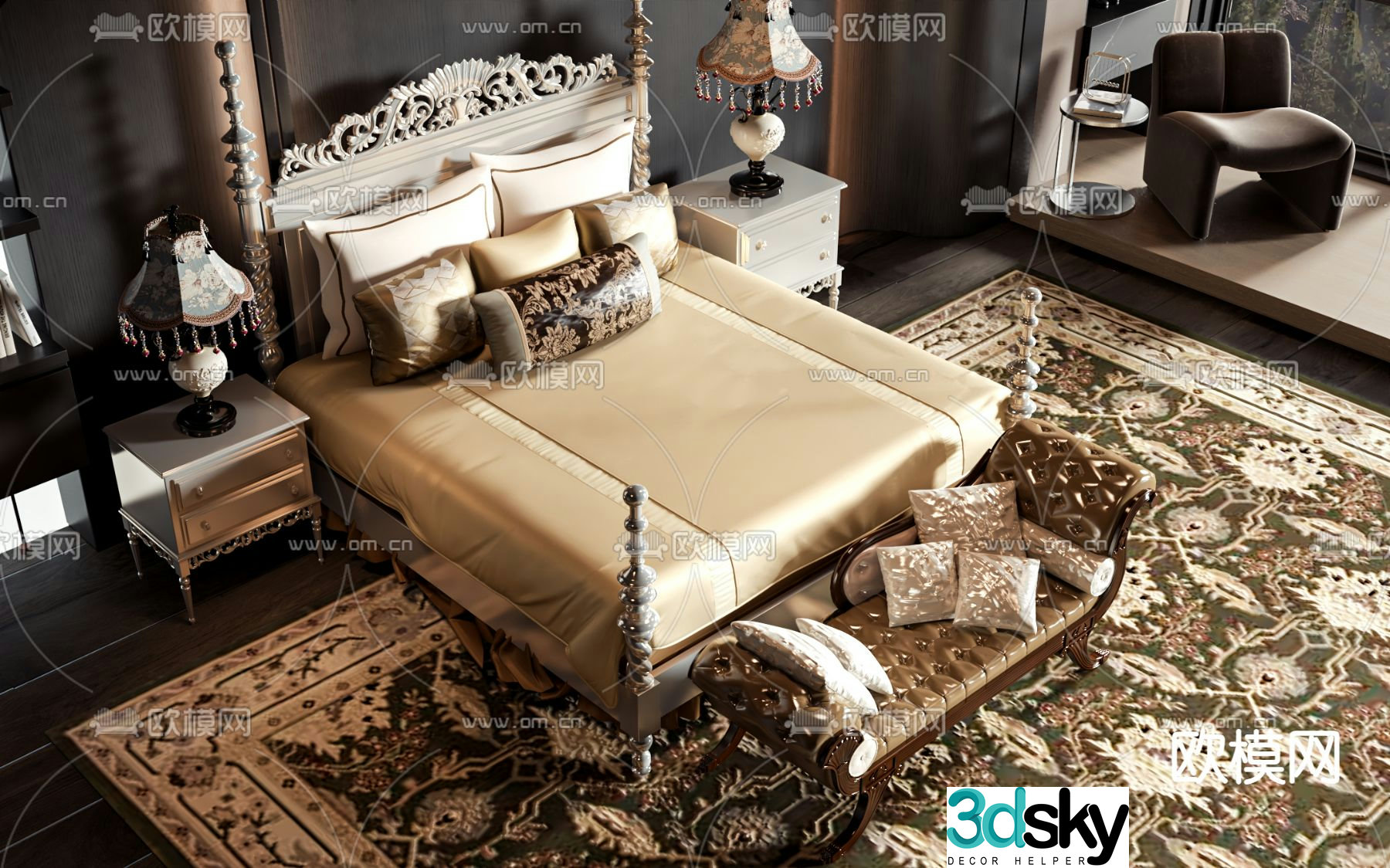 European double bed 3d model