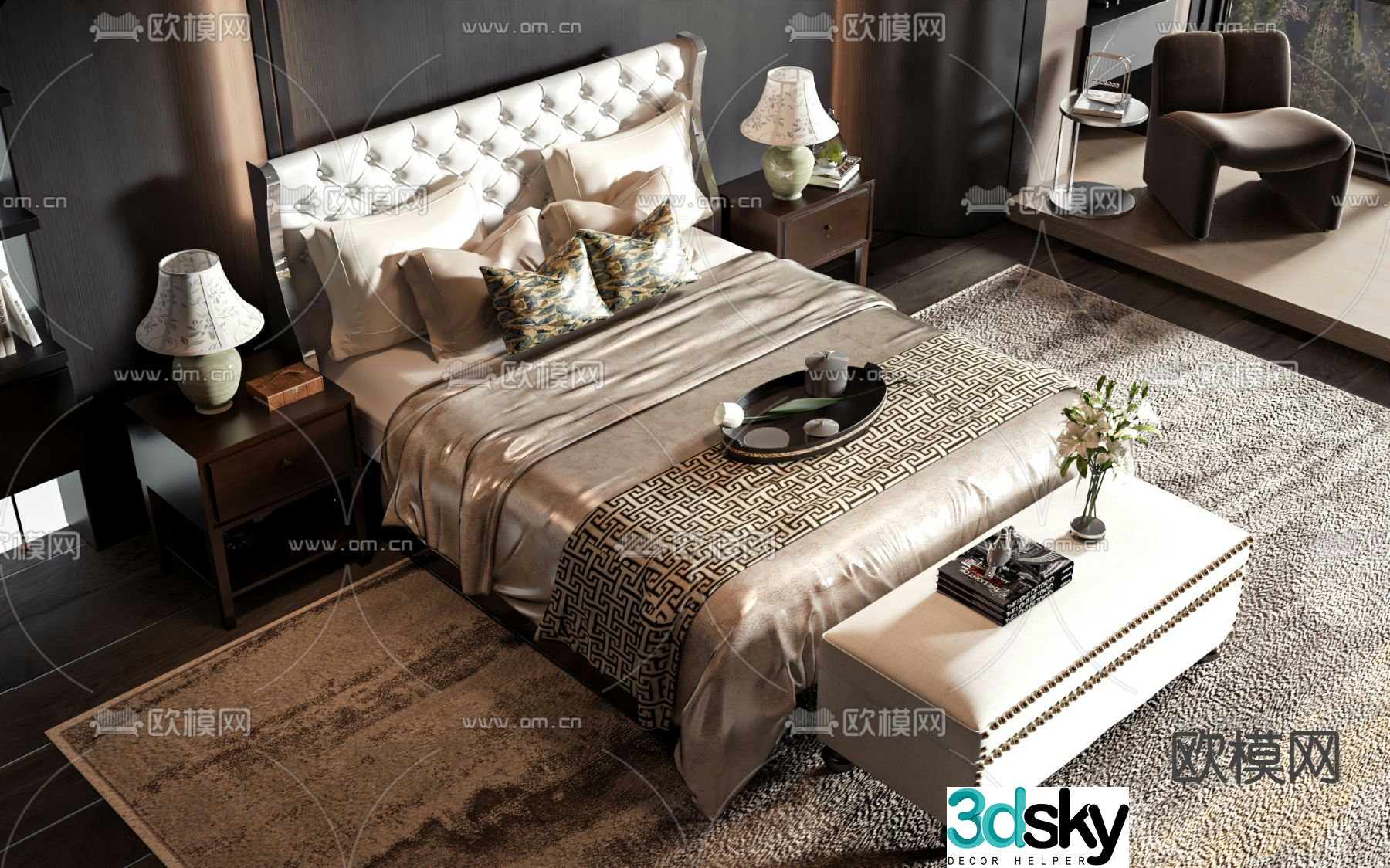 European double bed 3d model