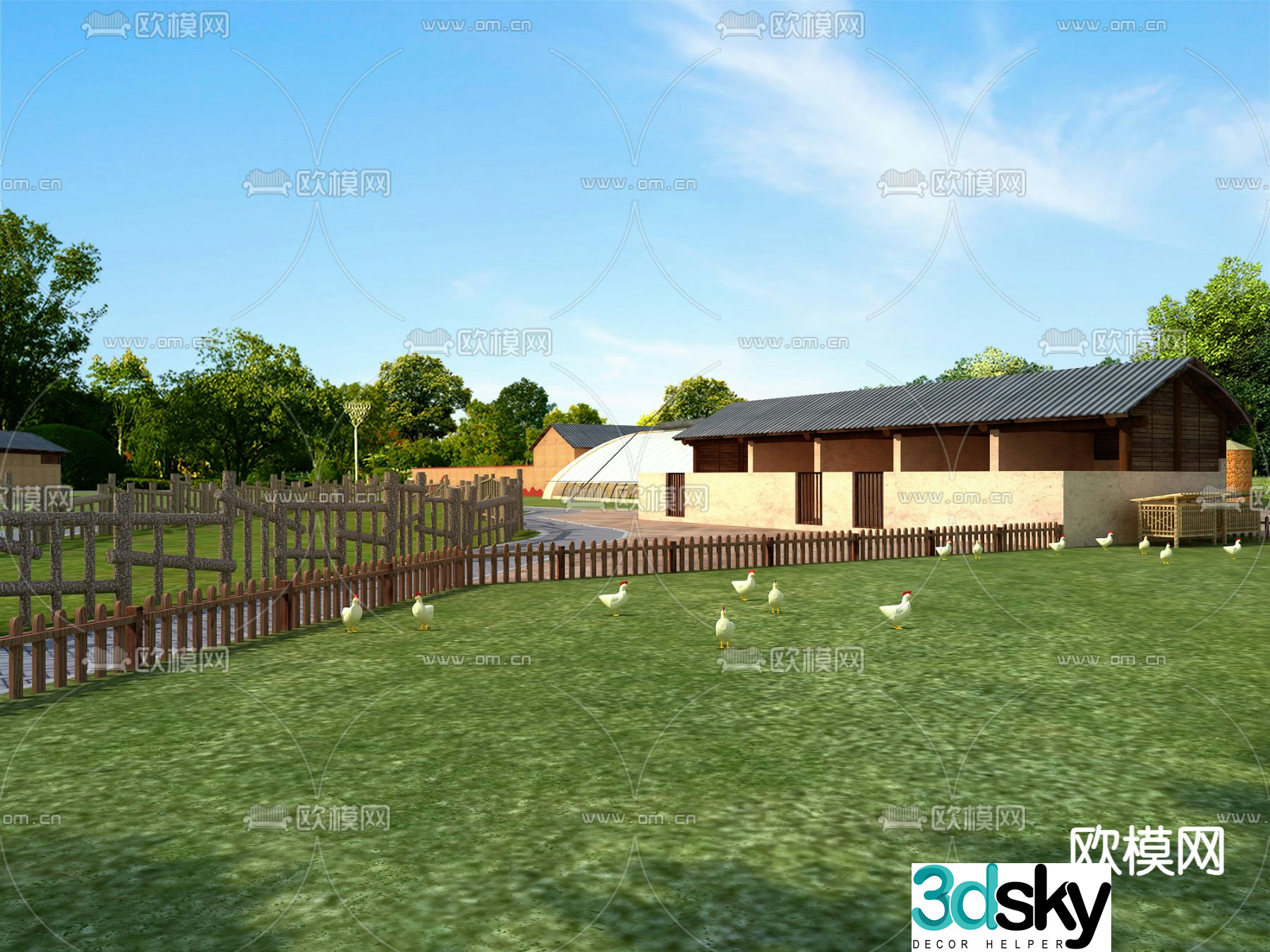 Livestock shed chicken coop vegetable greenhouse rural landscape 3D model