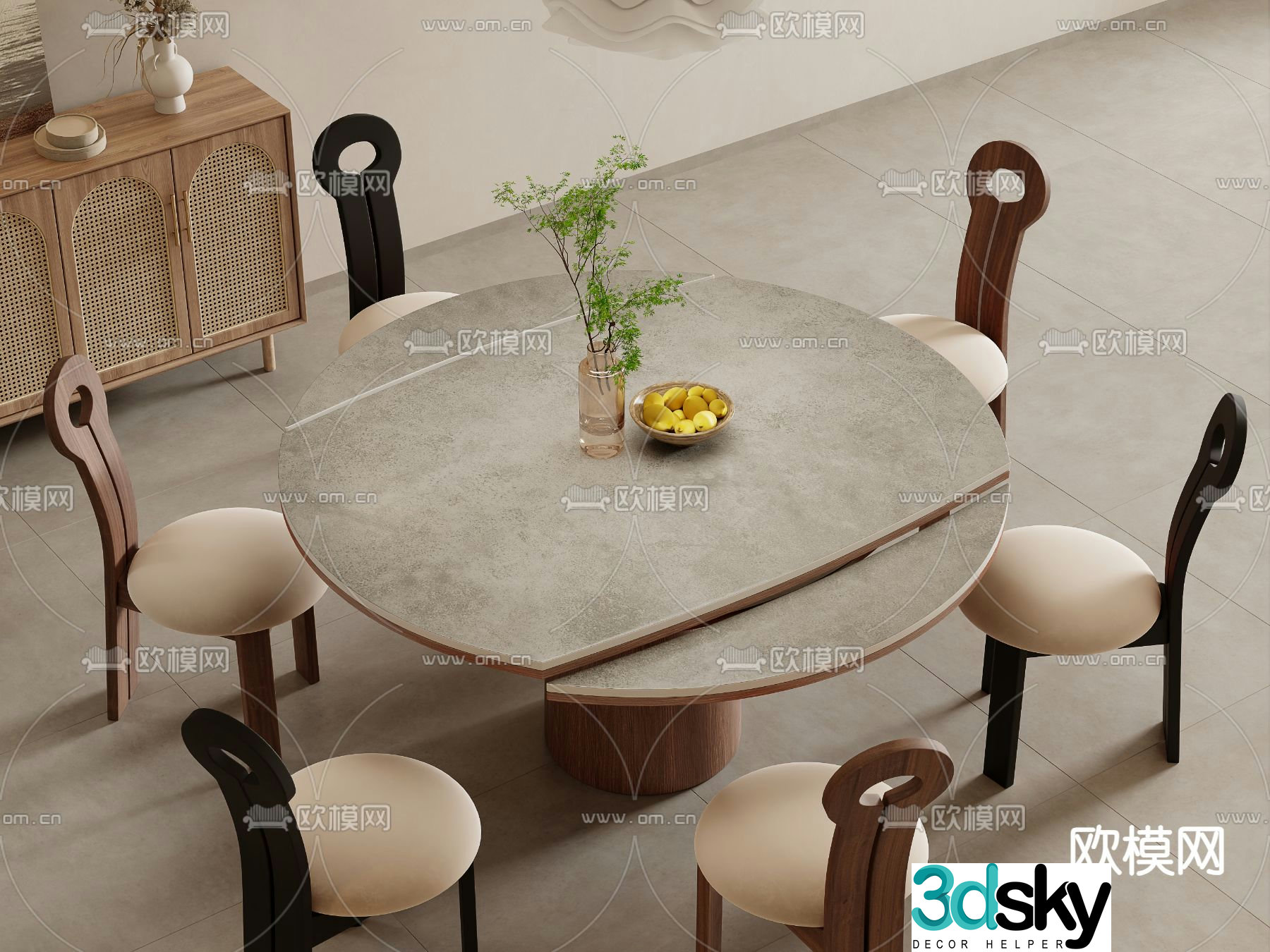 Wabi-sabi round table retractable dining table 3d model