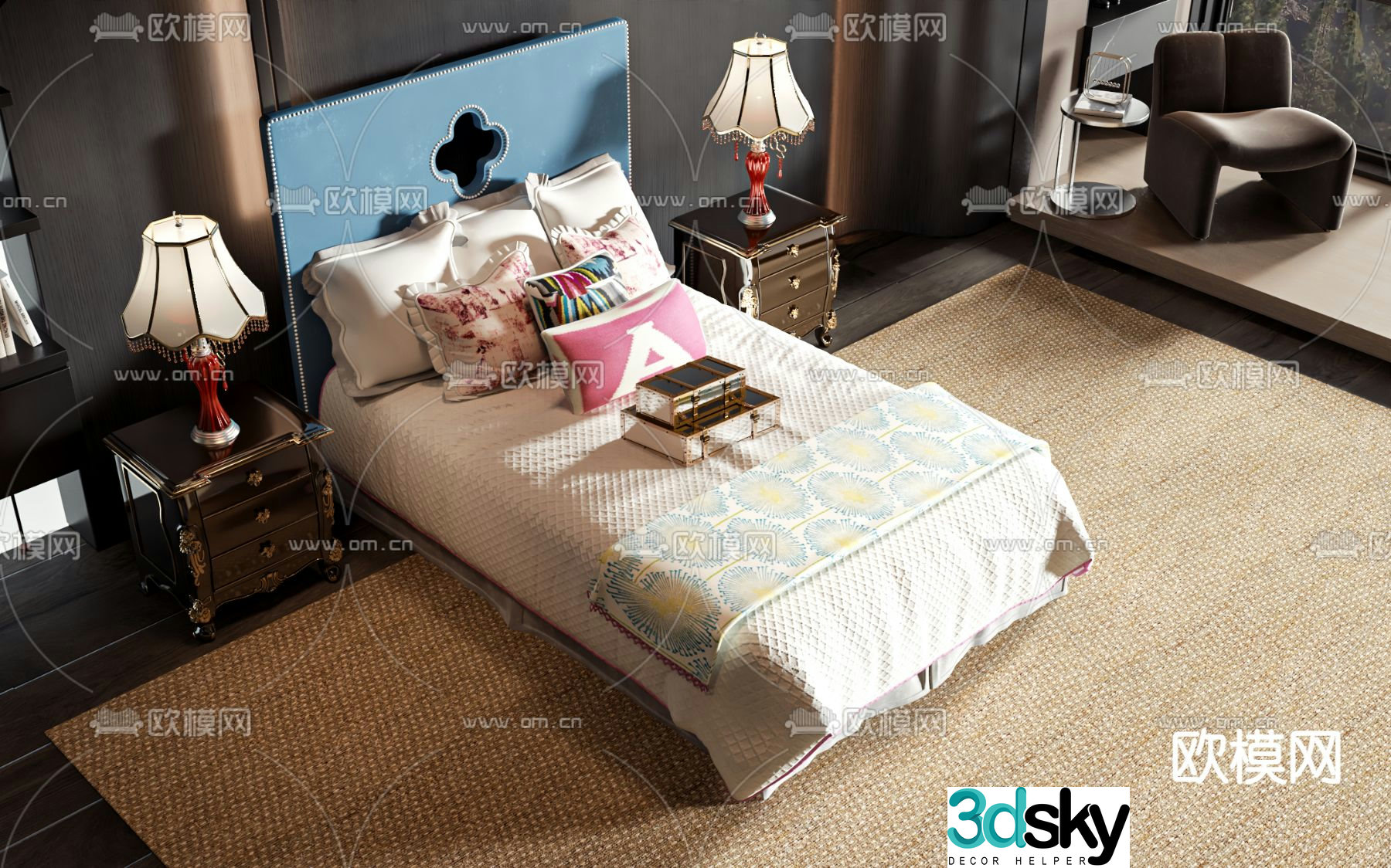 European double bed 3d model