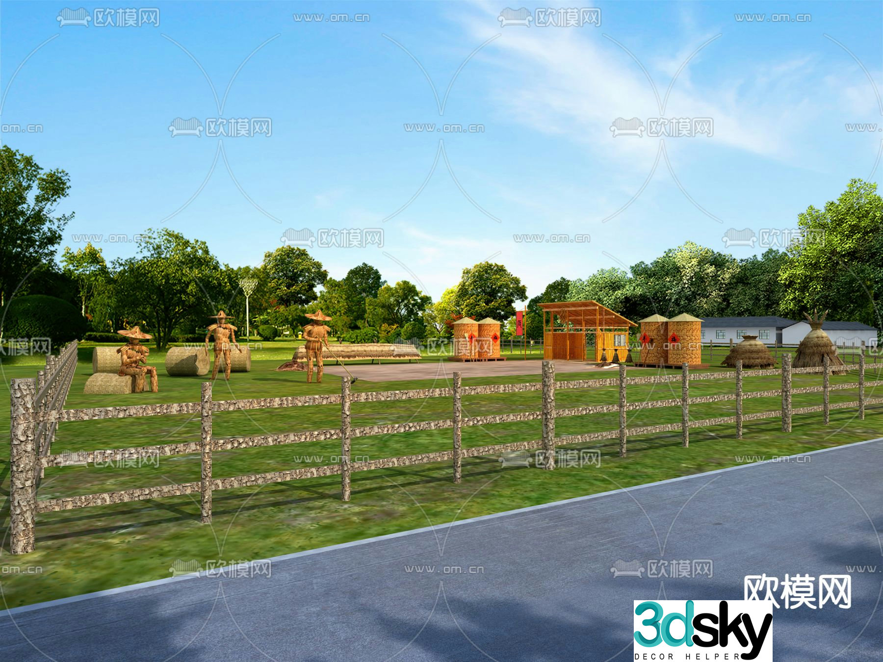 Rural threshing floor landscape scarecrow 3d model