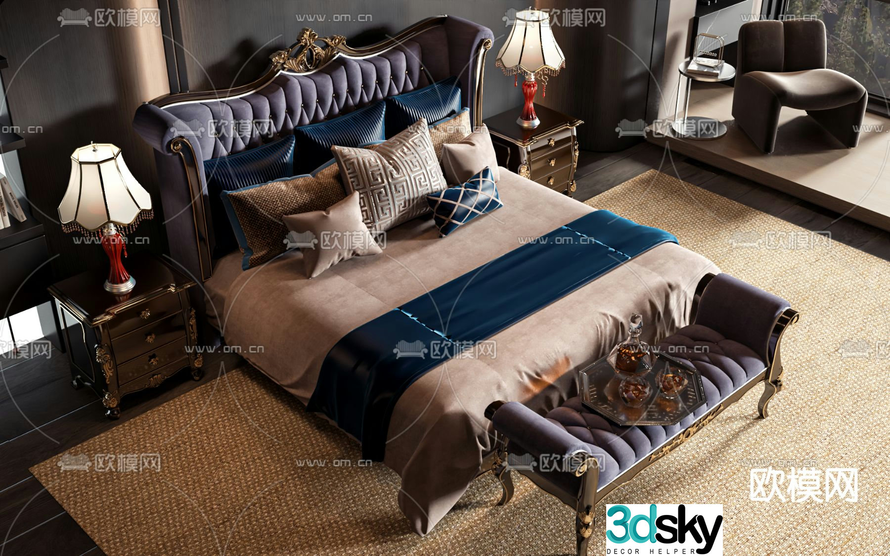 European double bed 3d model