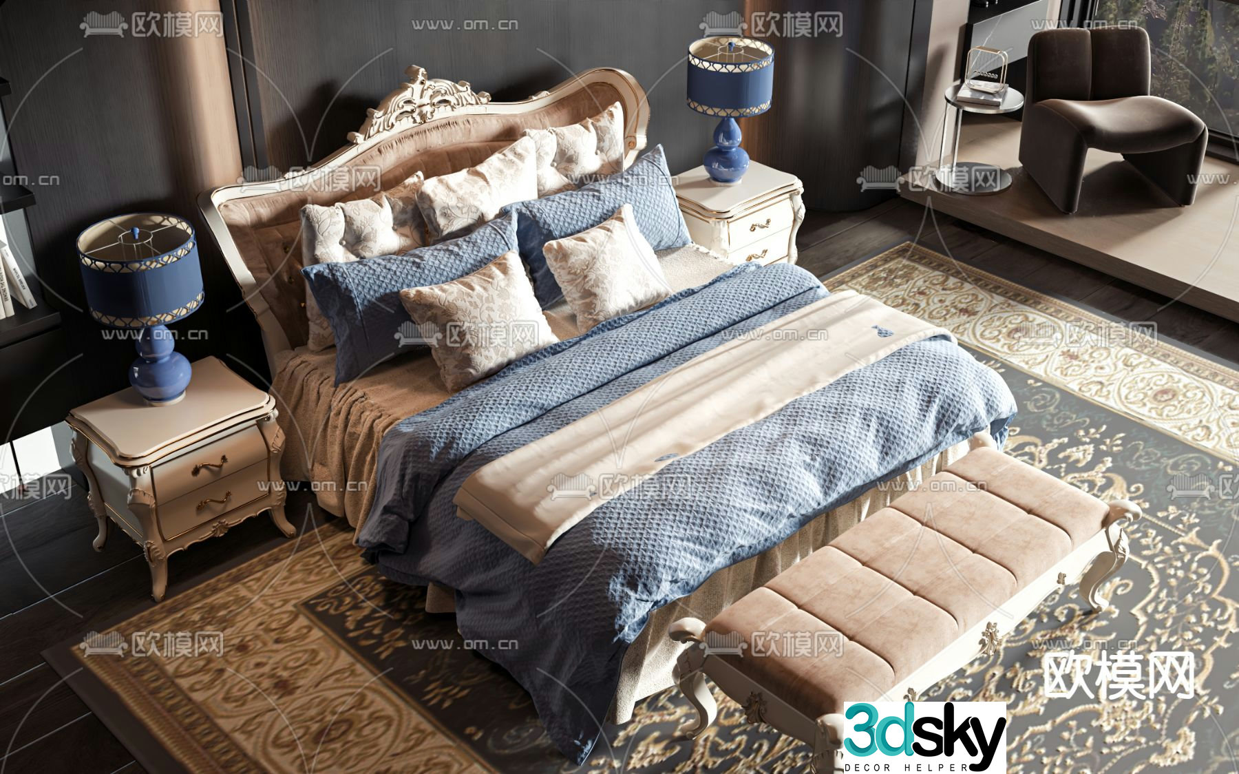 European double bed 3d model