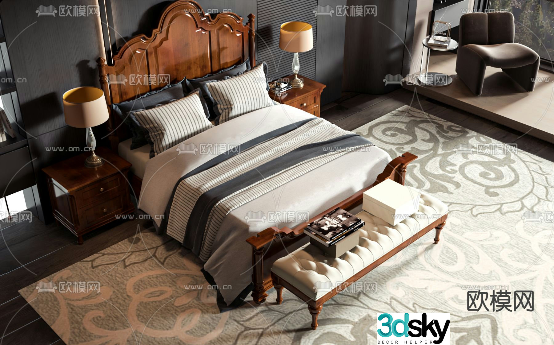 American double bed 3d model