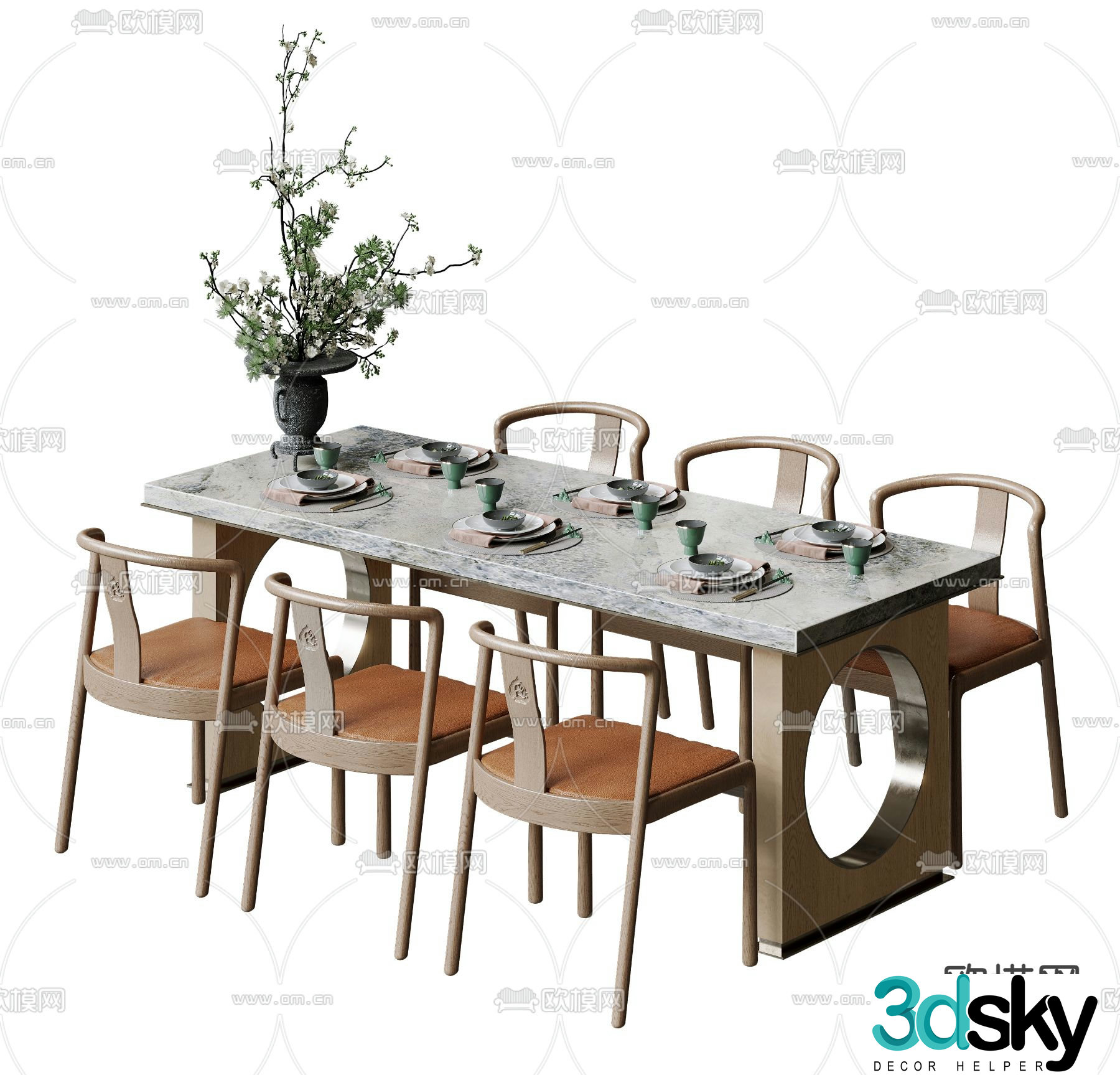 New Chinese style dining table and chairs slate dining table 3d model