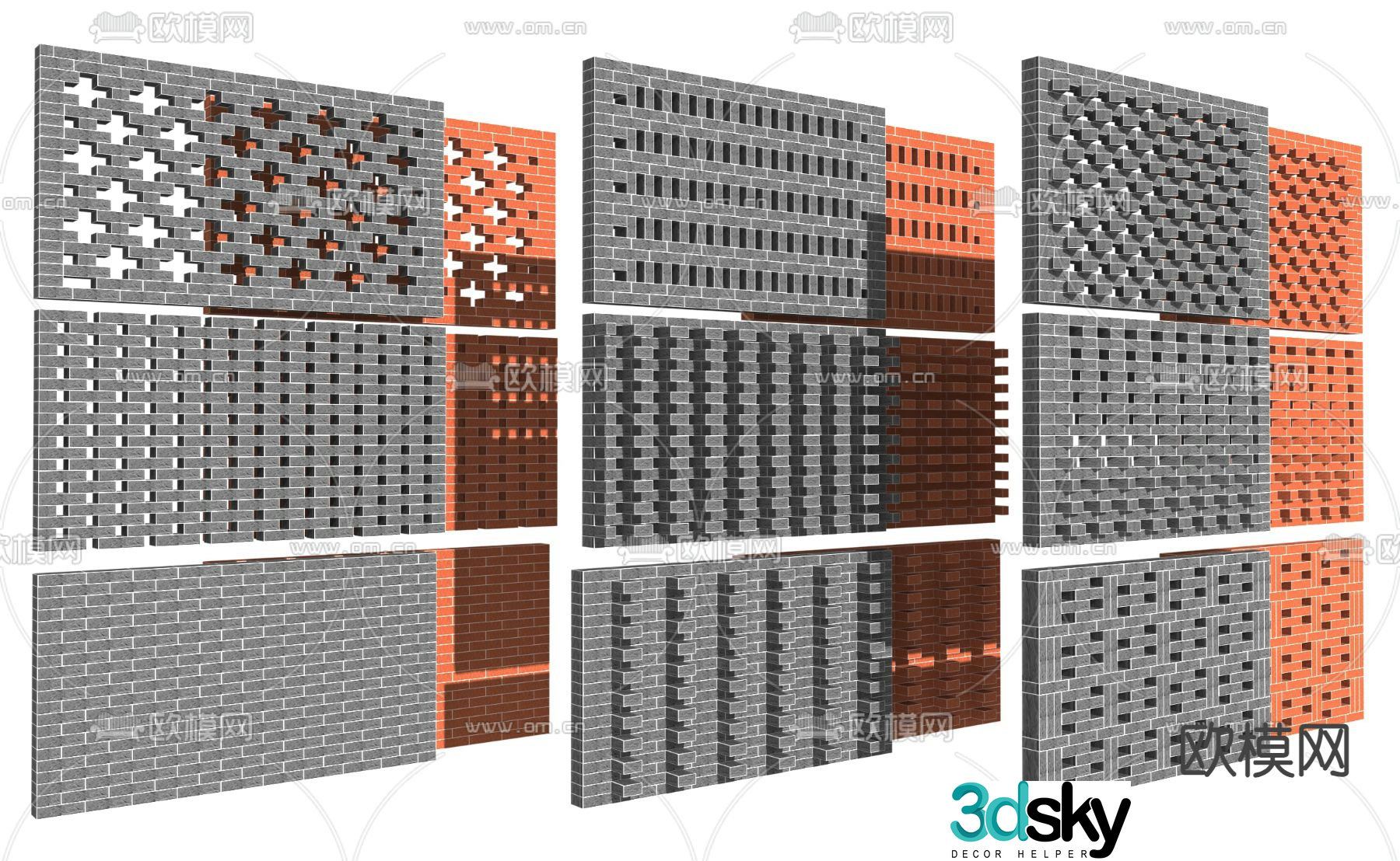 Red brick landscape wall hollow brick wall 3d model