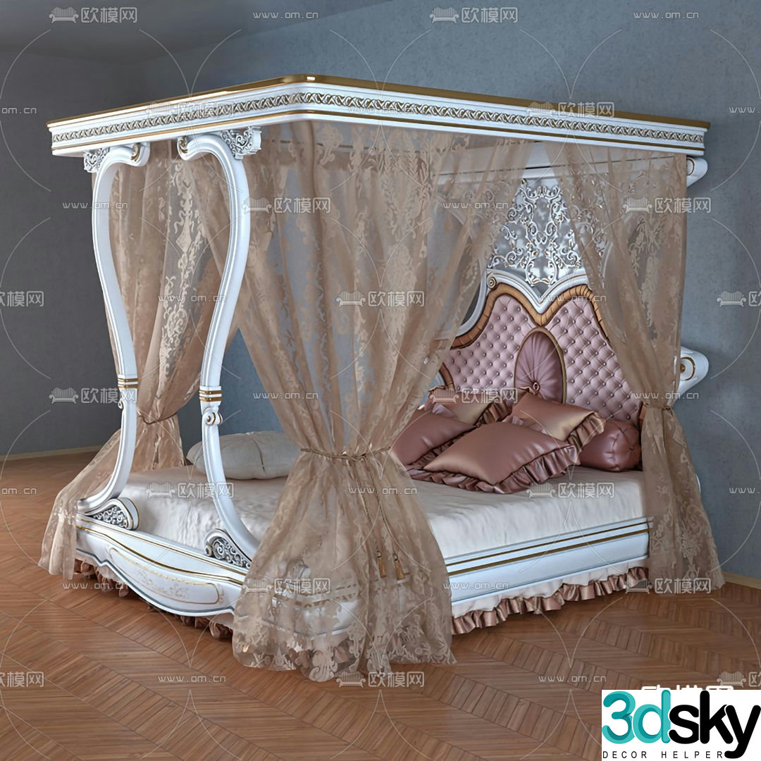 Simple European double bed loft bed 3d model
