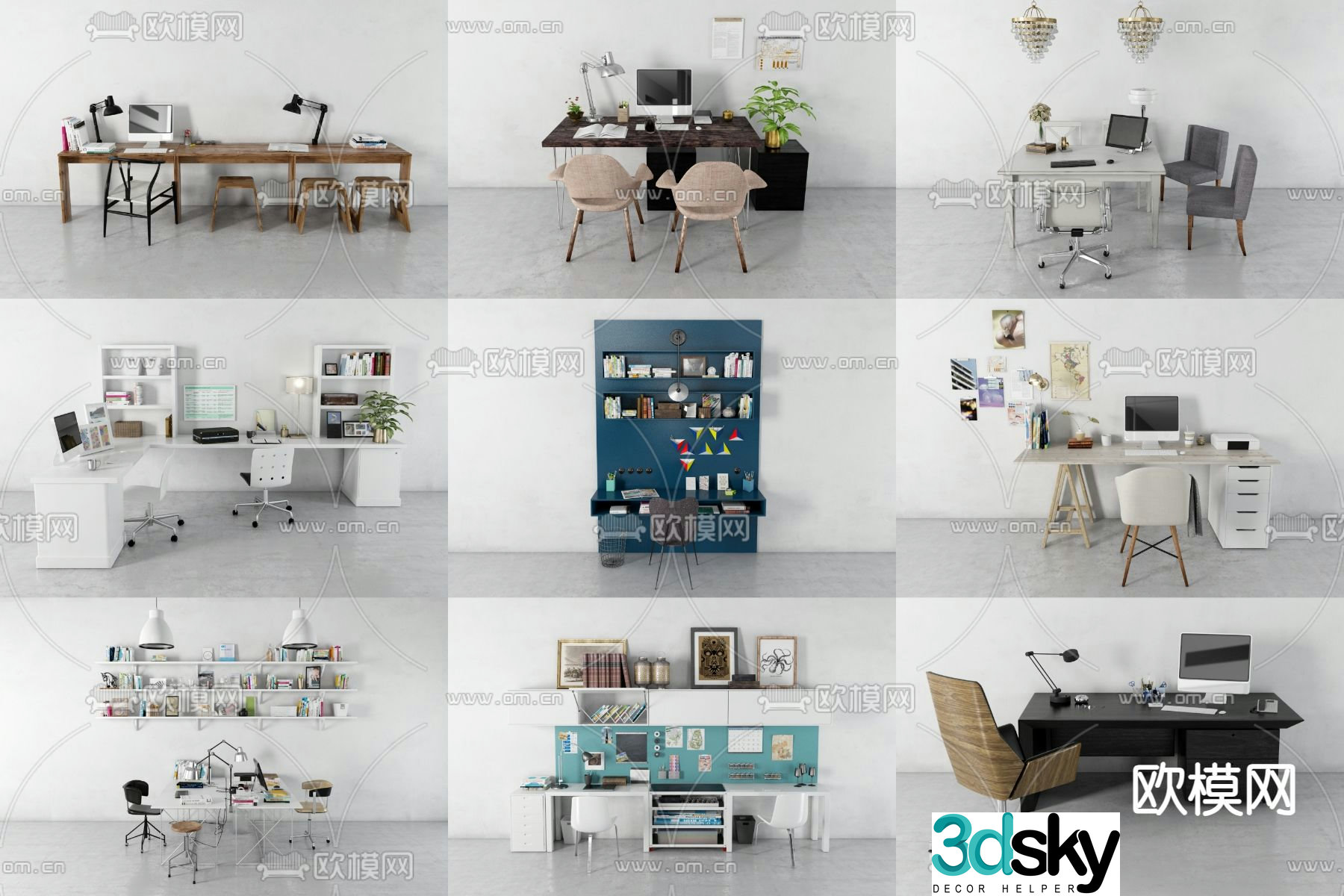 office desk study table computer desk 3d model