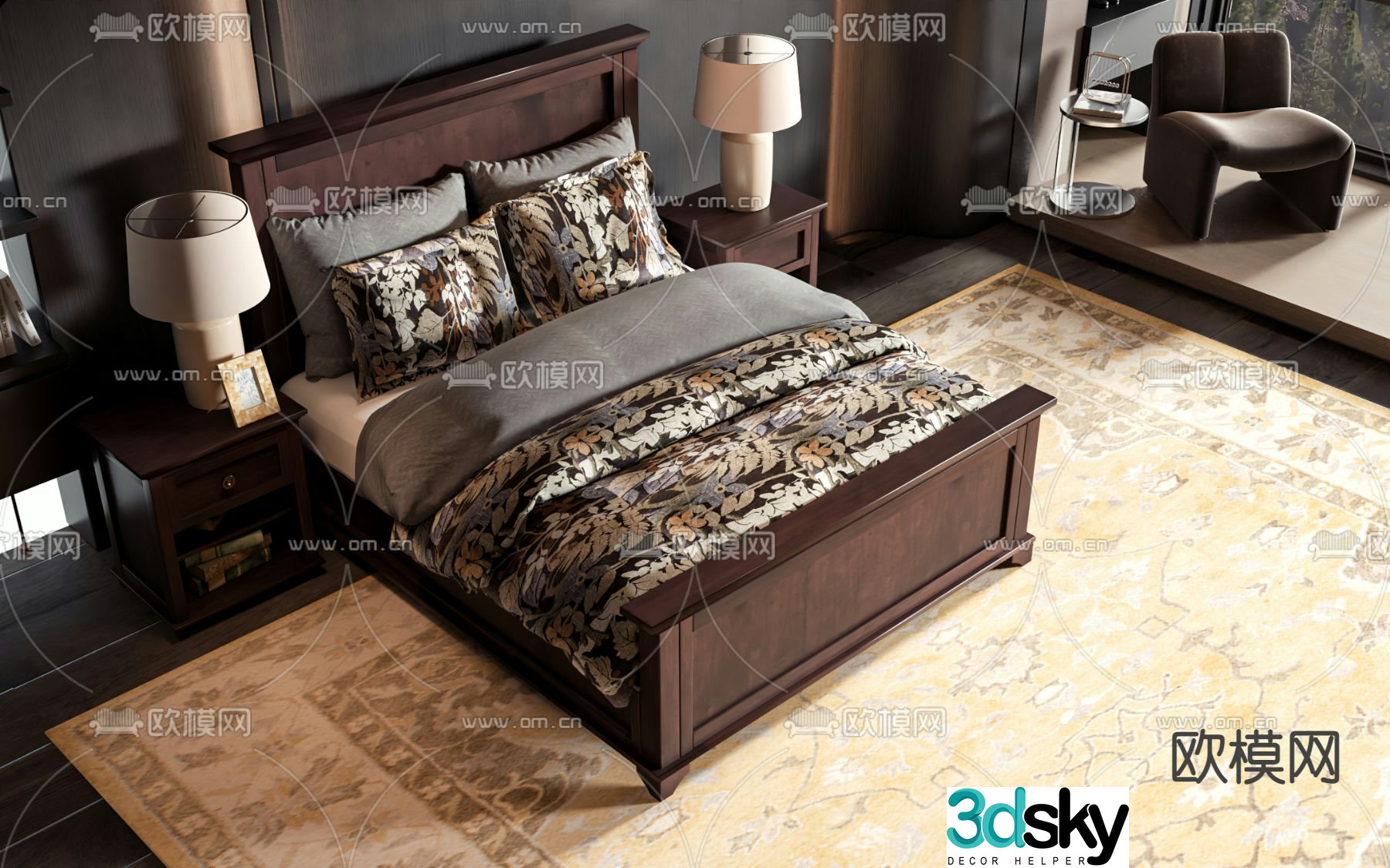 American double bed 3d model