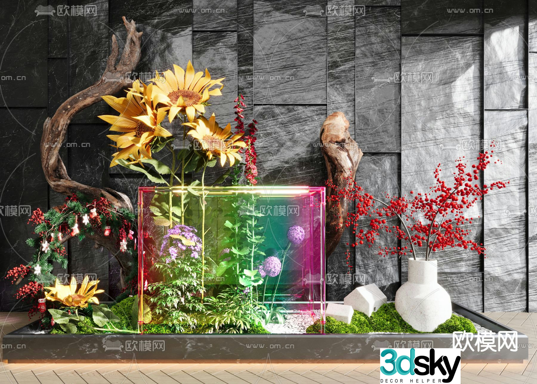 Indoor landscape dead tree roots colored glazed glass 3d model