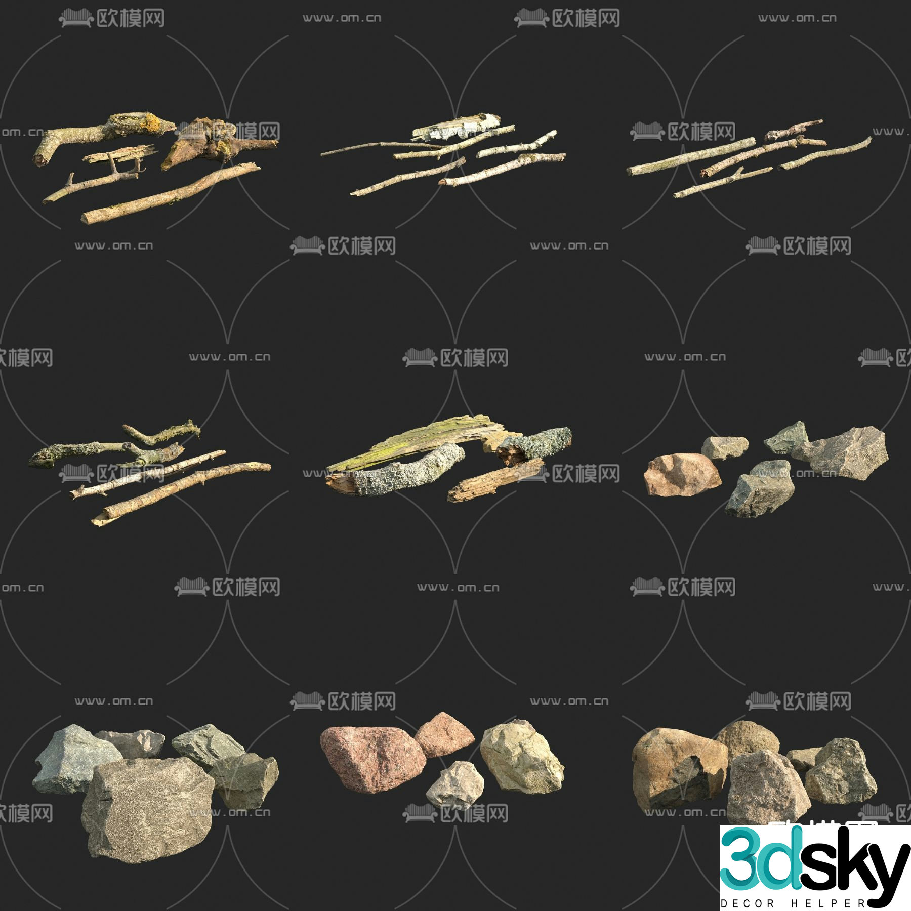branches stone firewood dead branches 3d model