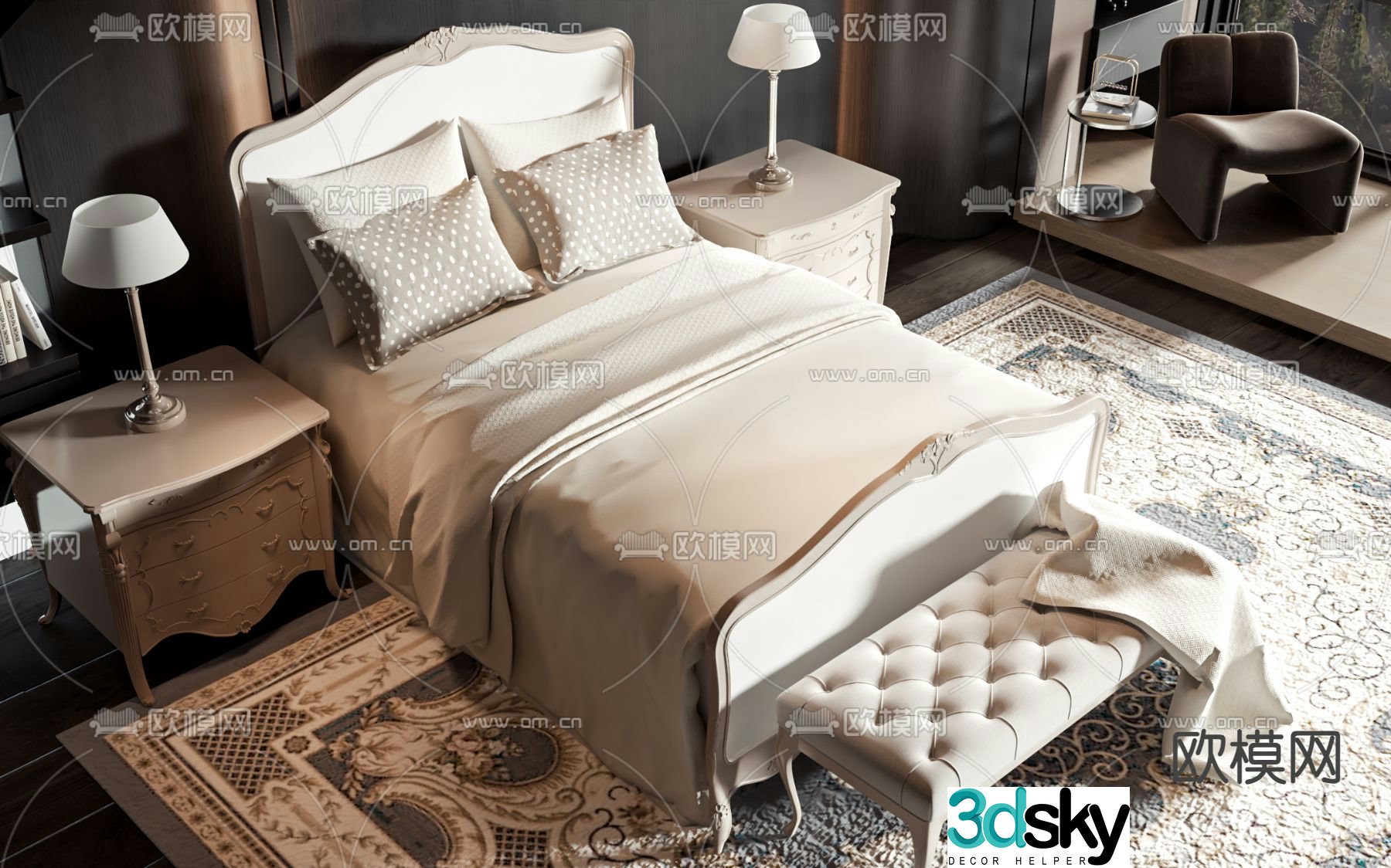 American double bed 3d model
