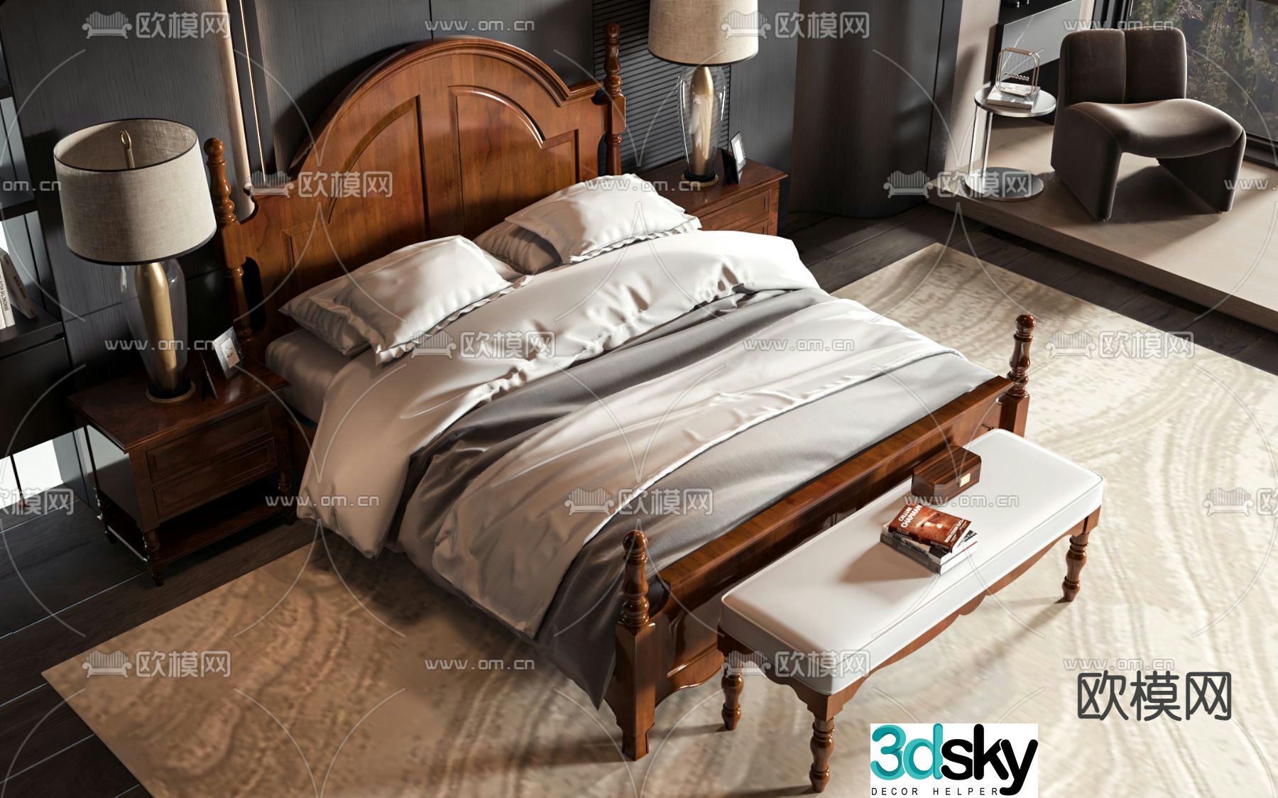 American double bed 3d model