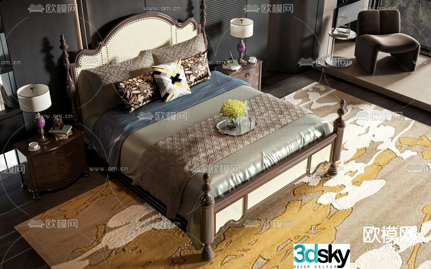 American double bed 3d model