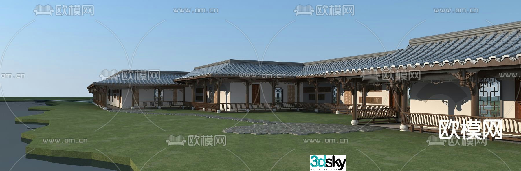 Chinese style gallery landscape corridor 3D model