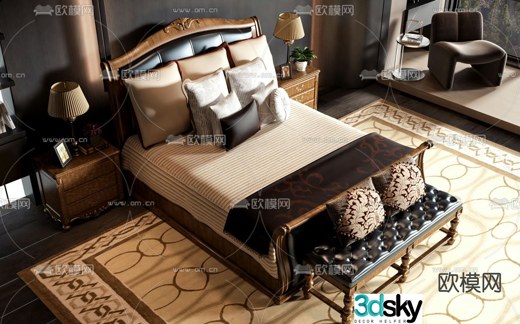 American double bed 3d model
