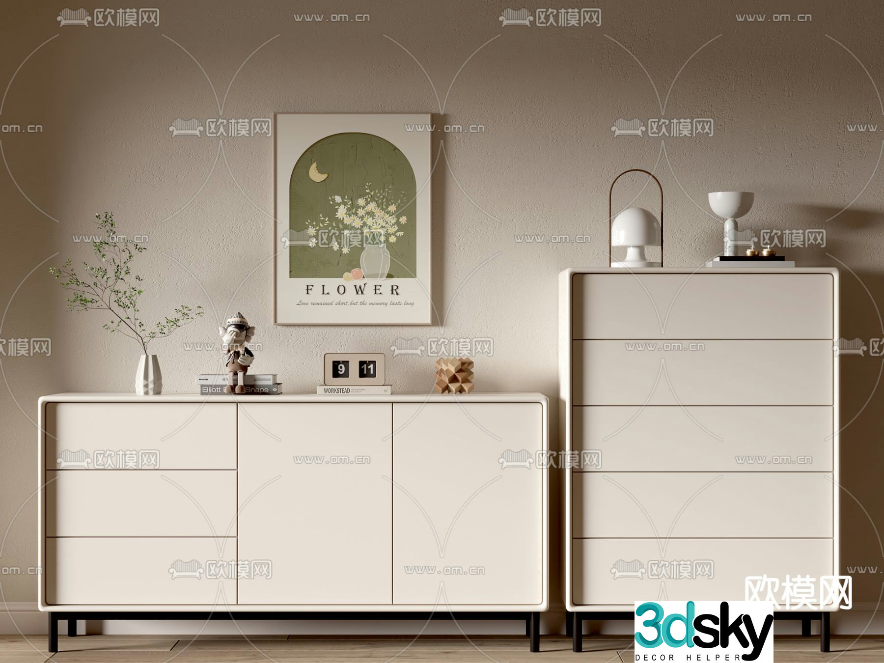 Cream style chest of drawers side cabinet 3d model