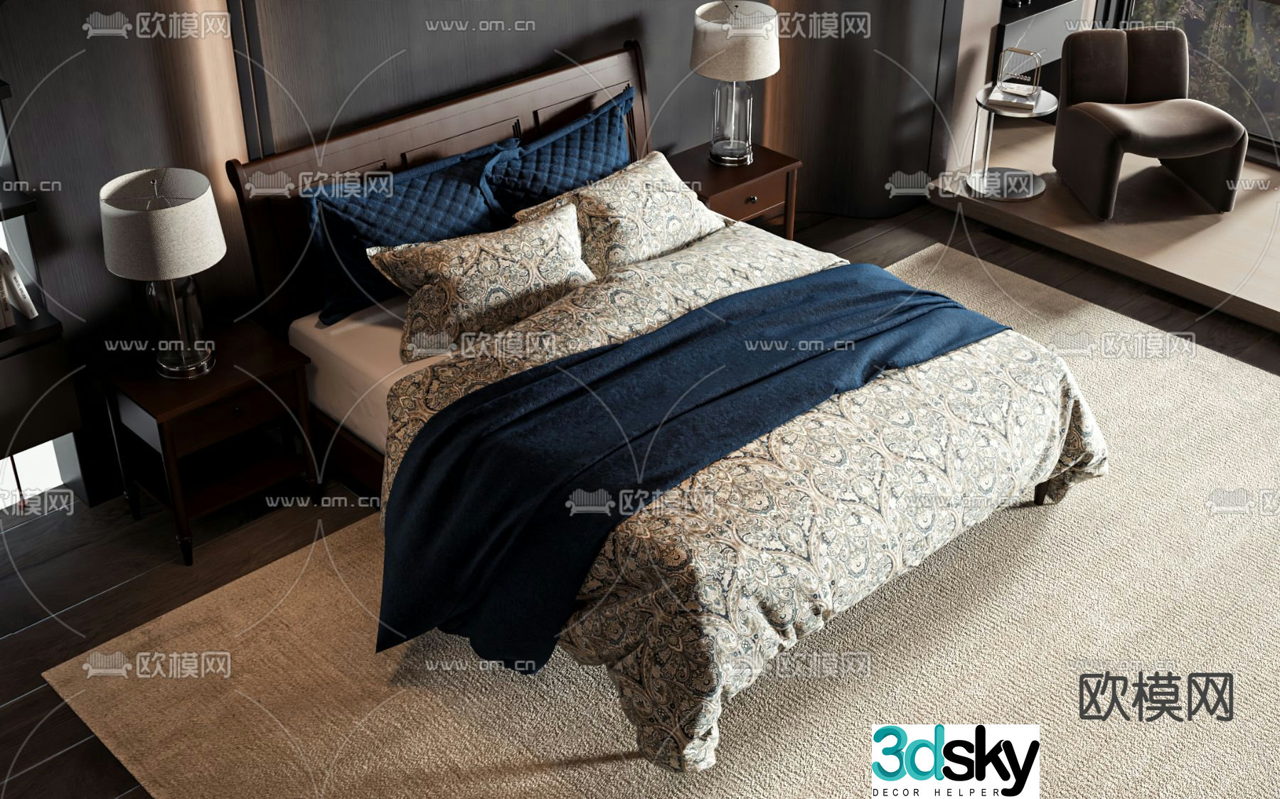 American double bed 3d model
