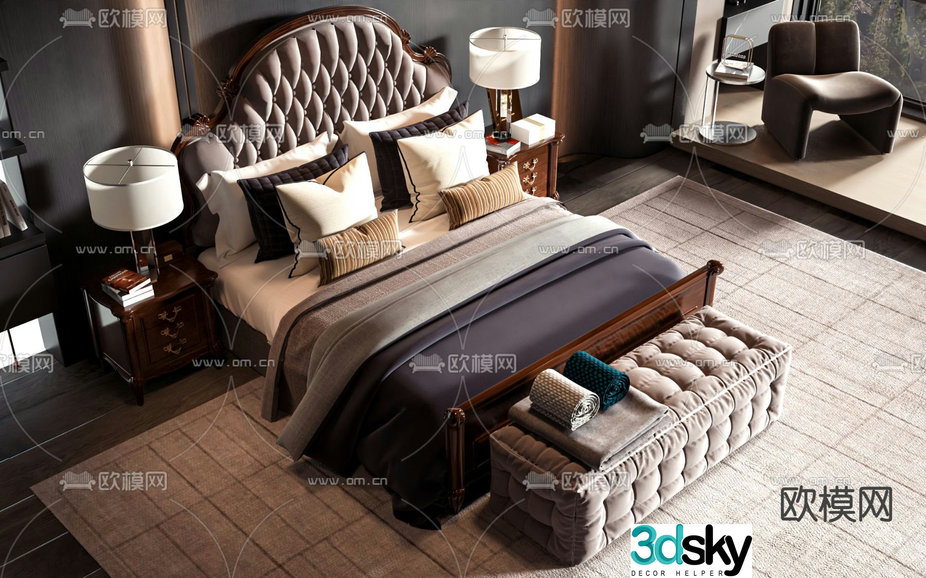 American double bed 3d model