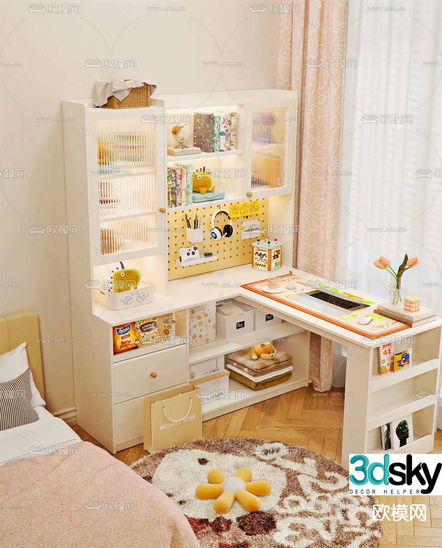 Cream style desk study table 3d model