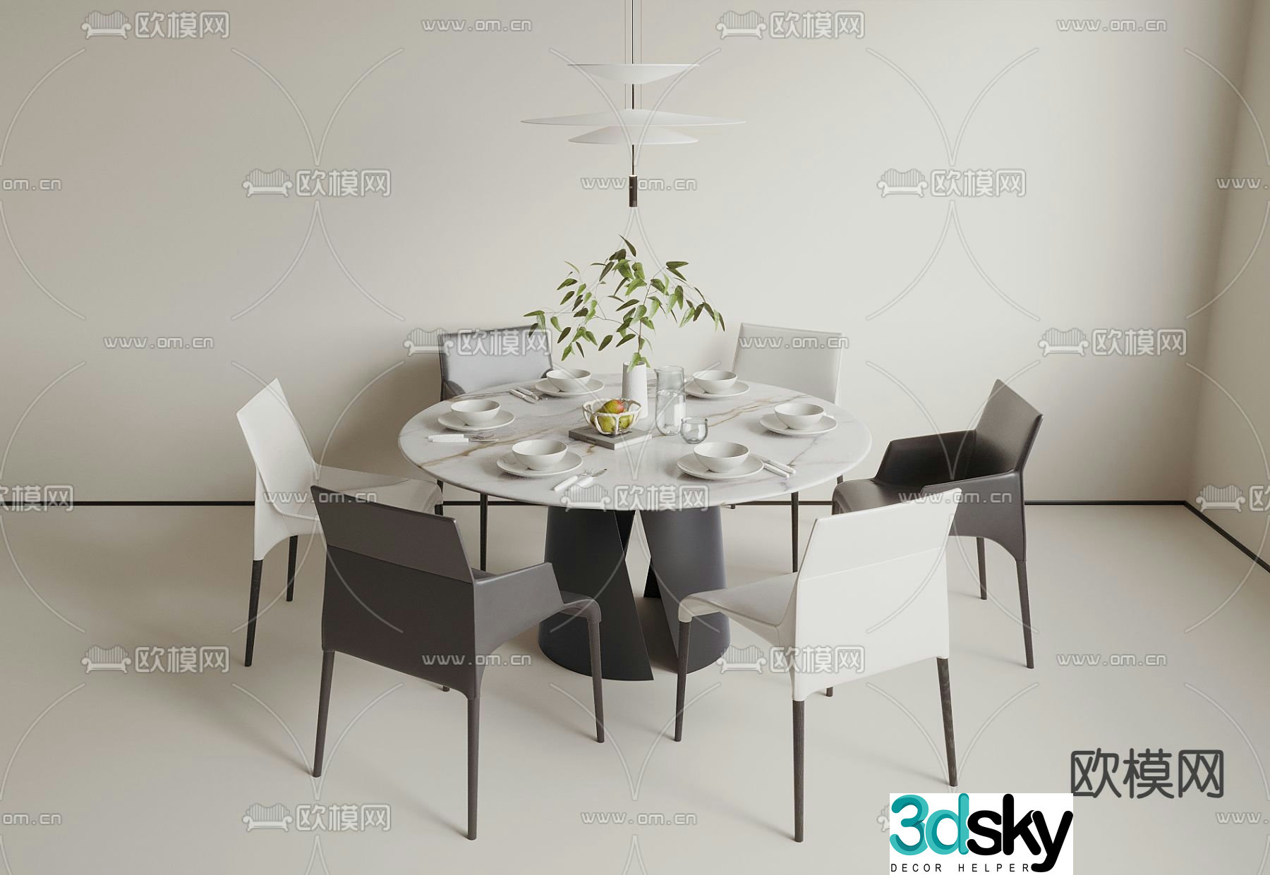 Round dining table and chairs 3d model