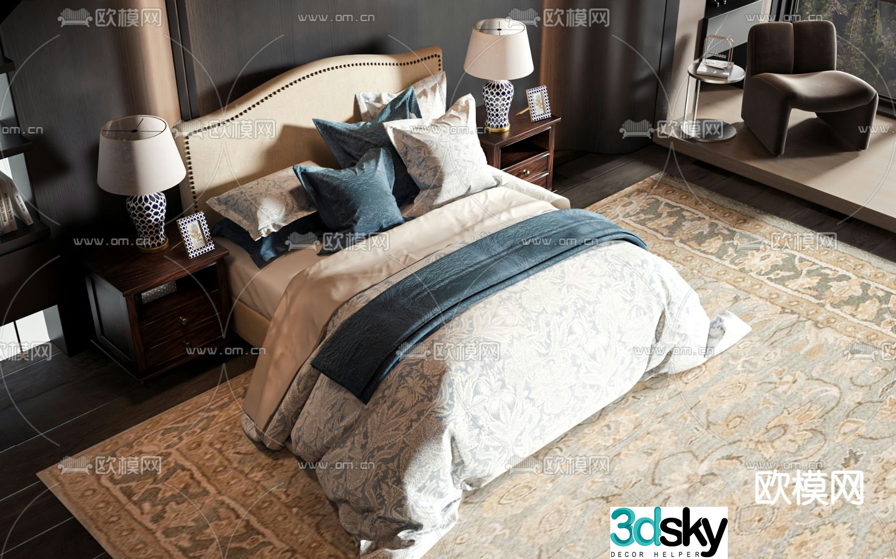American double bed 3d model