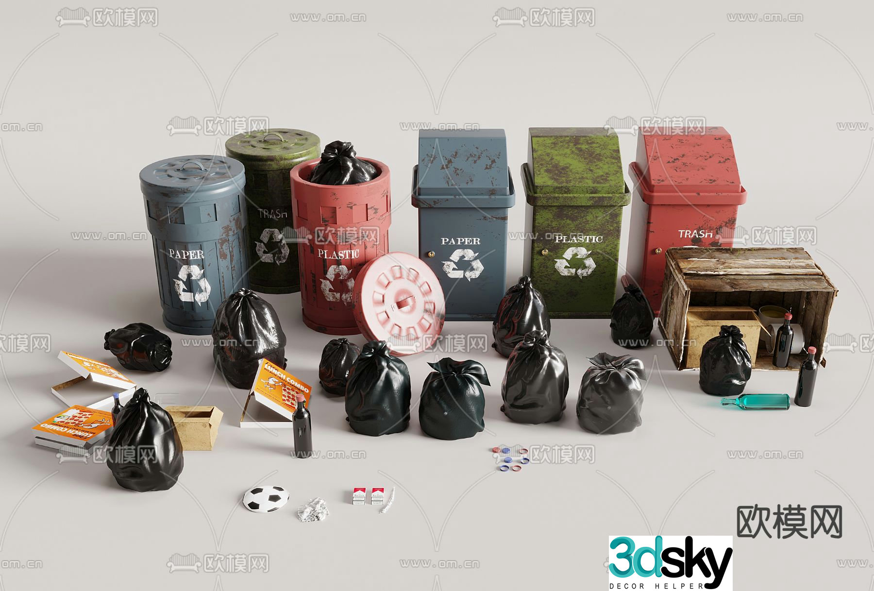 Public trash can, classified trash can, garbage bag 3D model