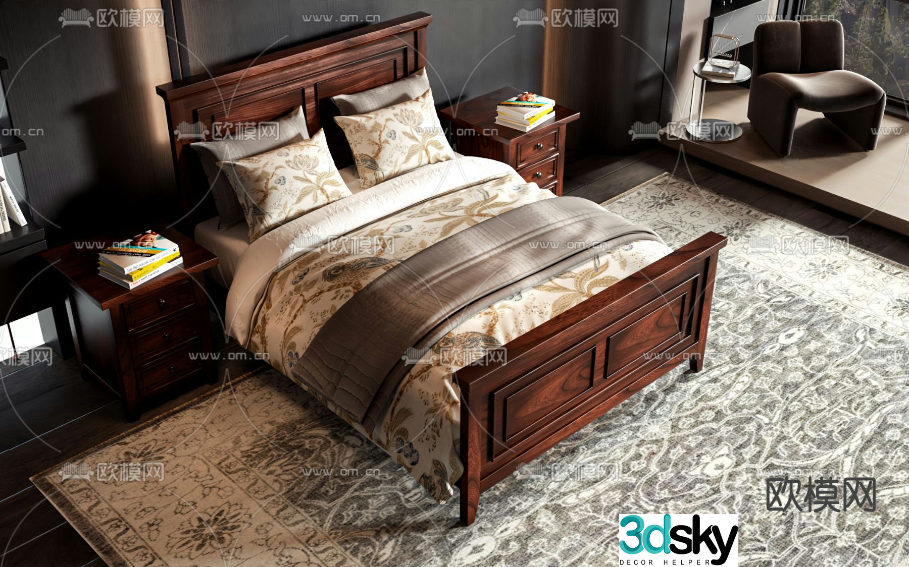 American double bed 3d model
