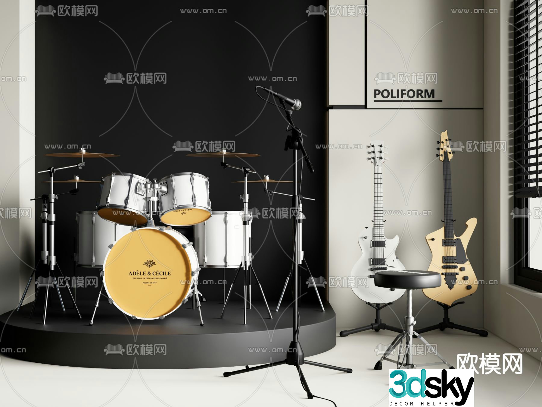 drum set electric guitar microphone 3d model