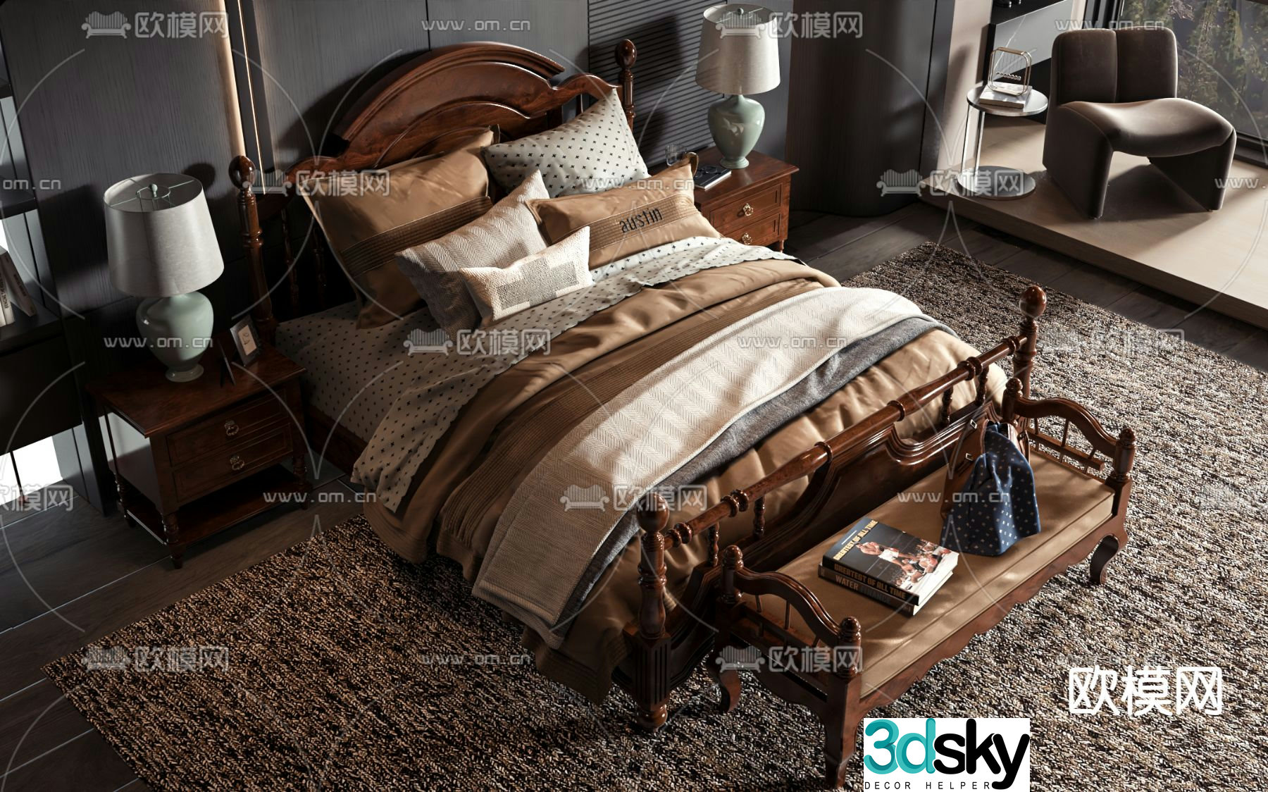 American double bed 3d model