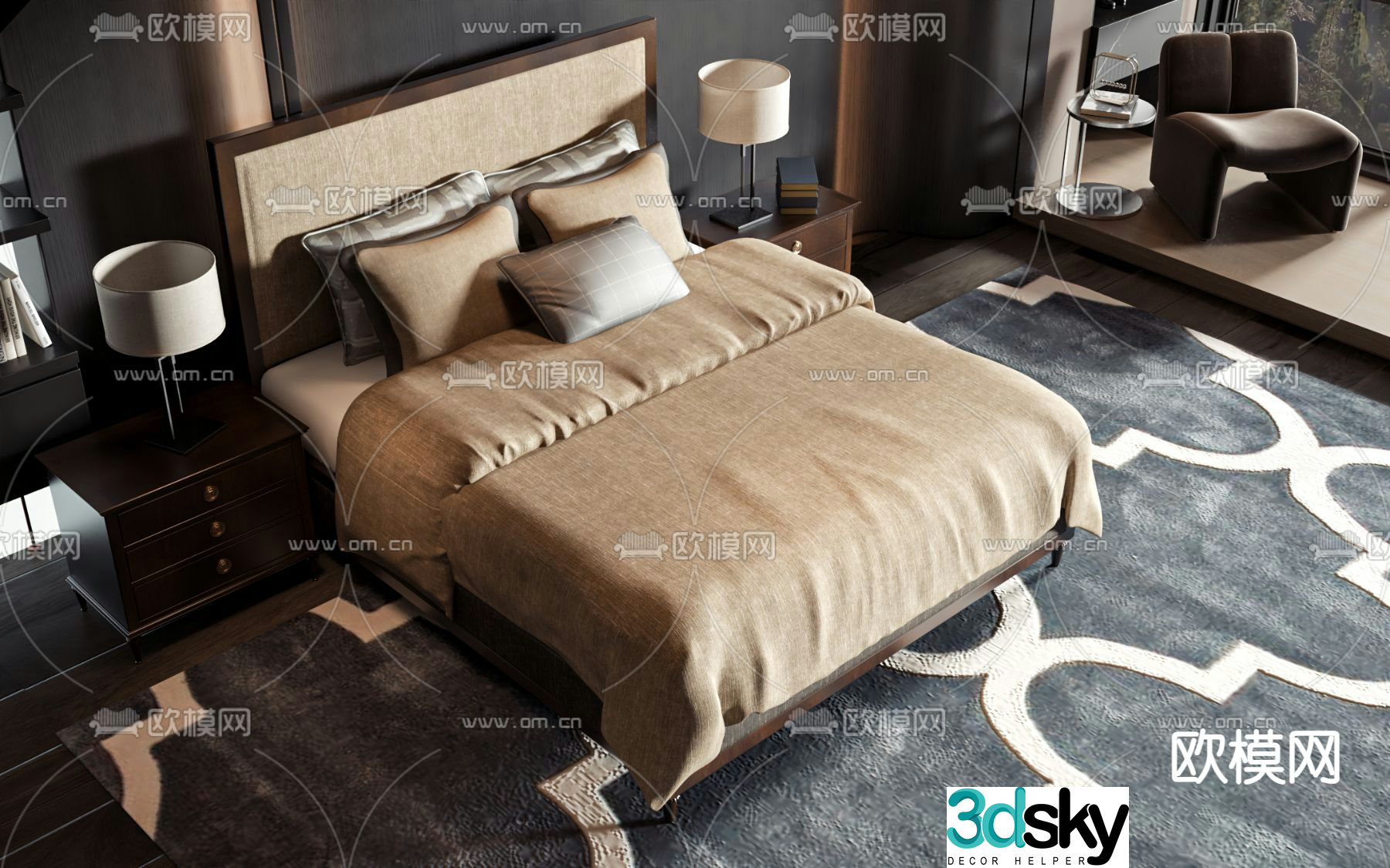American double bed 3d model