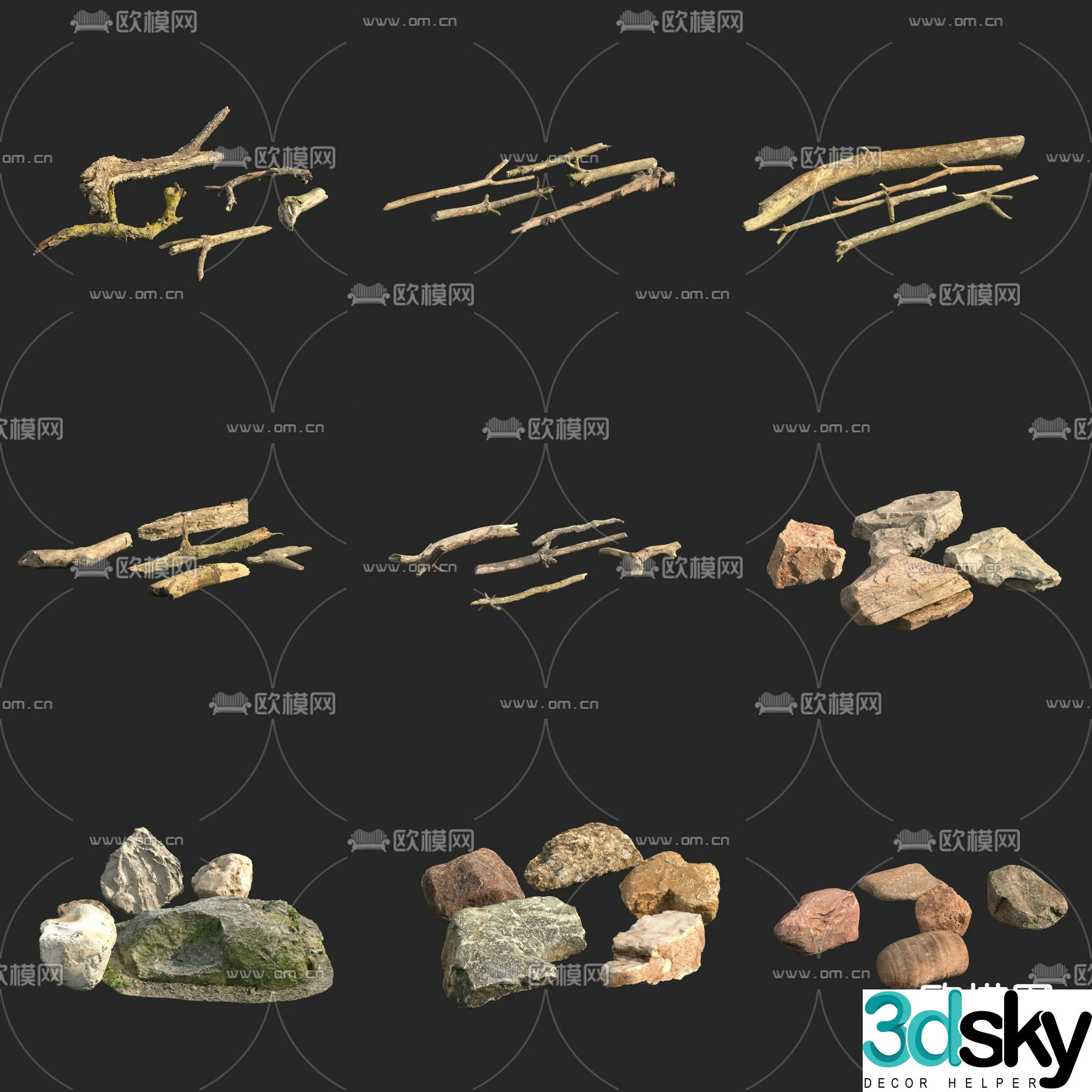 dead tree trunk branch stone rock 3d model