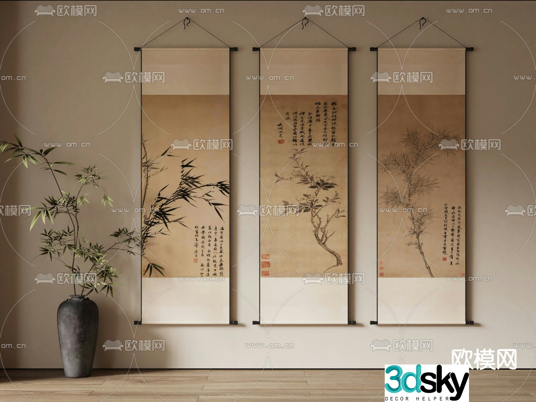 New Chinese style decorative paintings scroll drawings 3D model