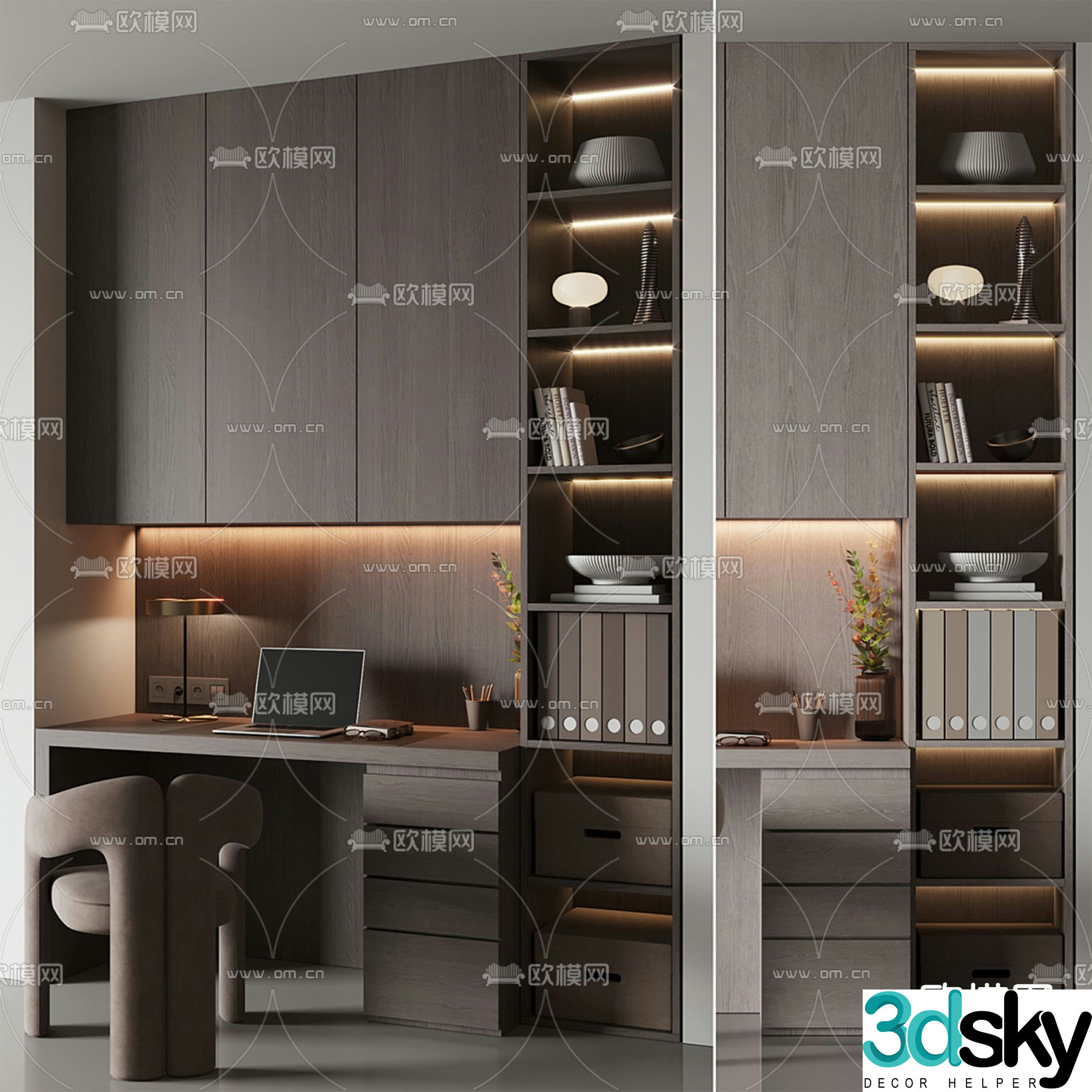 Integrated bookcase desk and chair 3d model