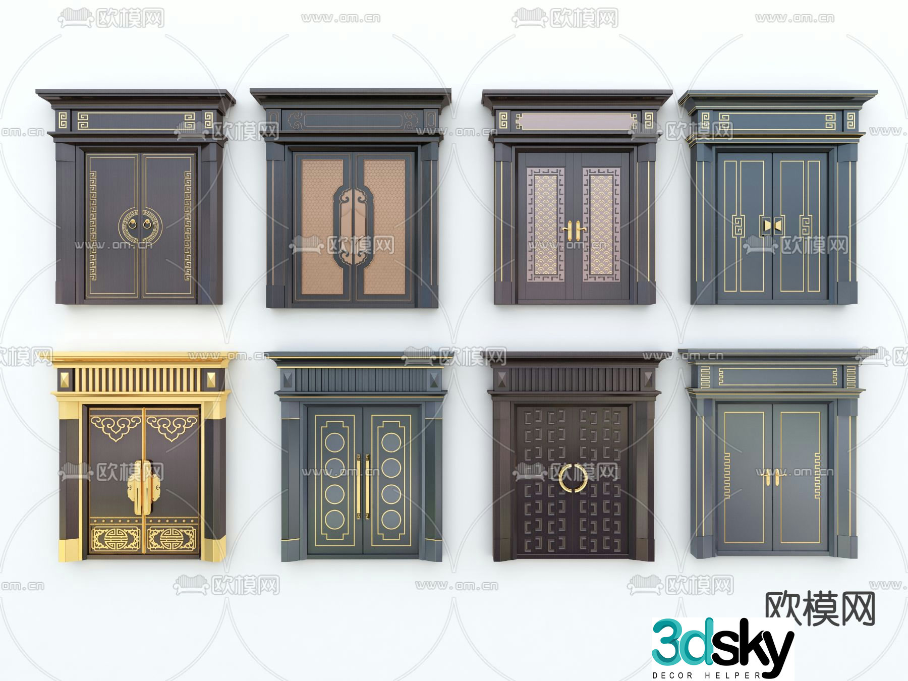 Chinese style gate courtyard door double open door 3D model