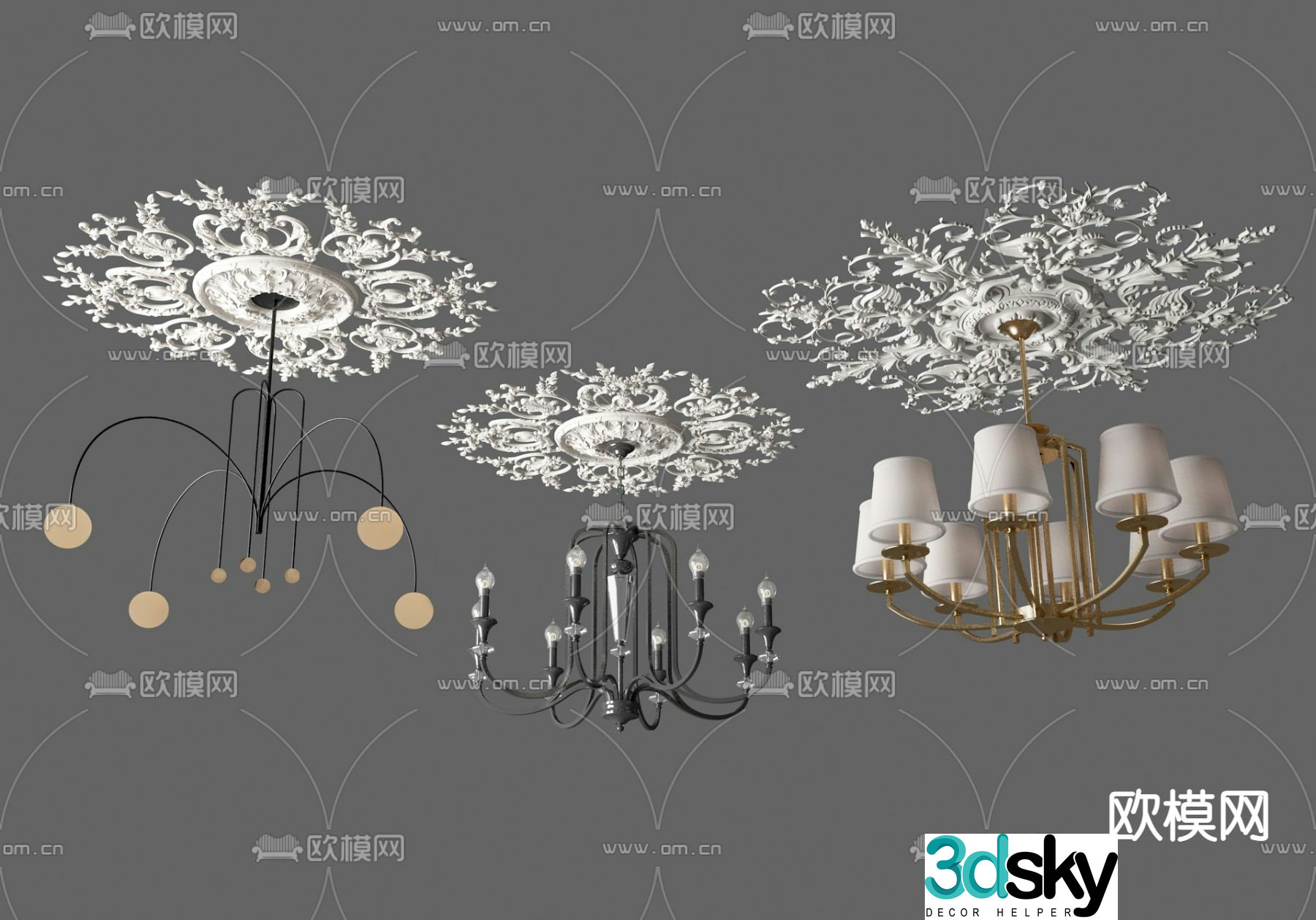 French chandelier lamp panel plaster carving 3d model