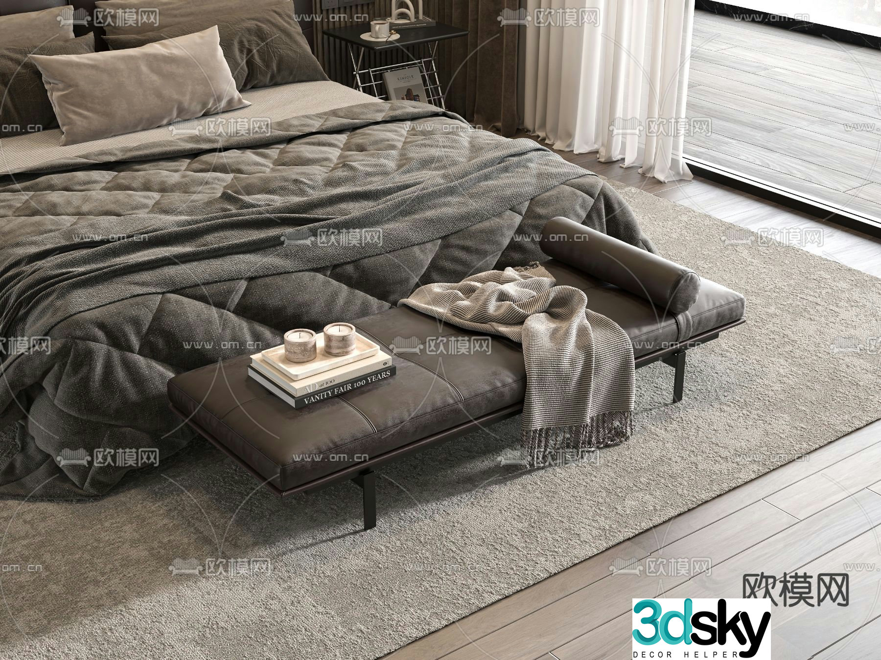 Modern bed end stool footrest 3d model
