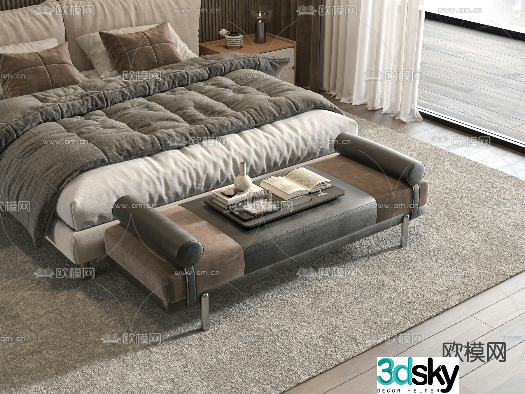 Modern bed end stool footrest 3d model