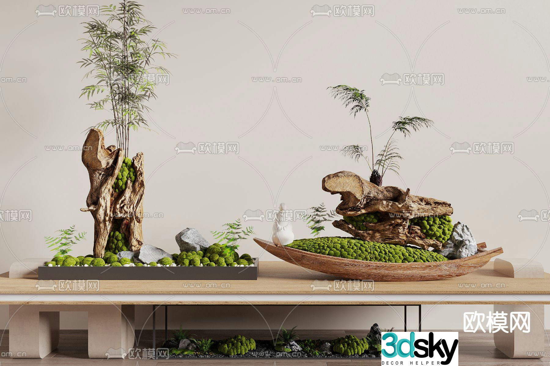 Dead wood and green plant ornaments moss and green plants landscape sketch 3D model