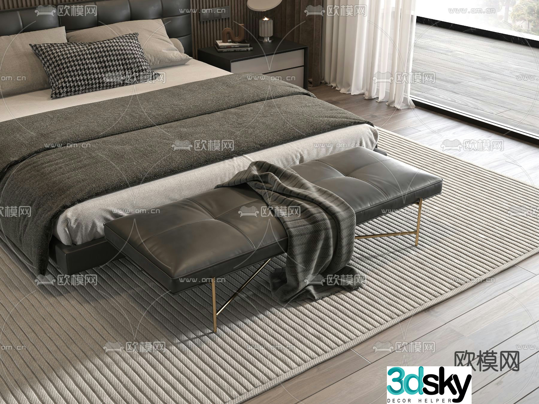 Leather footrest bed end stool 3d model