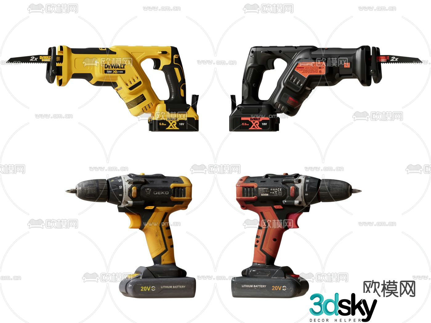 Electric screwdriver, chainsaw, cordless drill 3d model