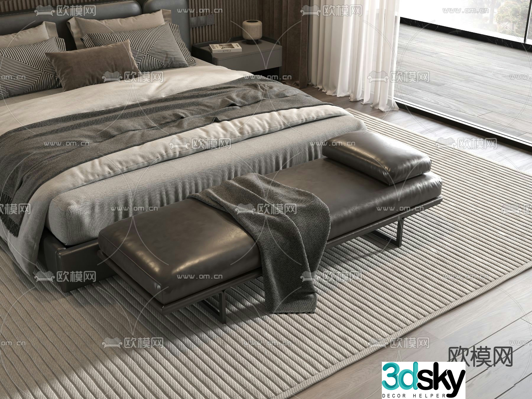 Leather footrest bed end stool 3d model