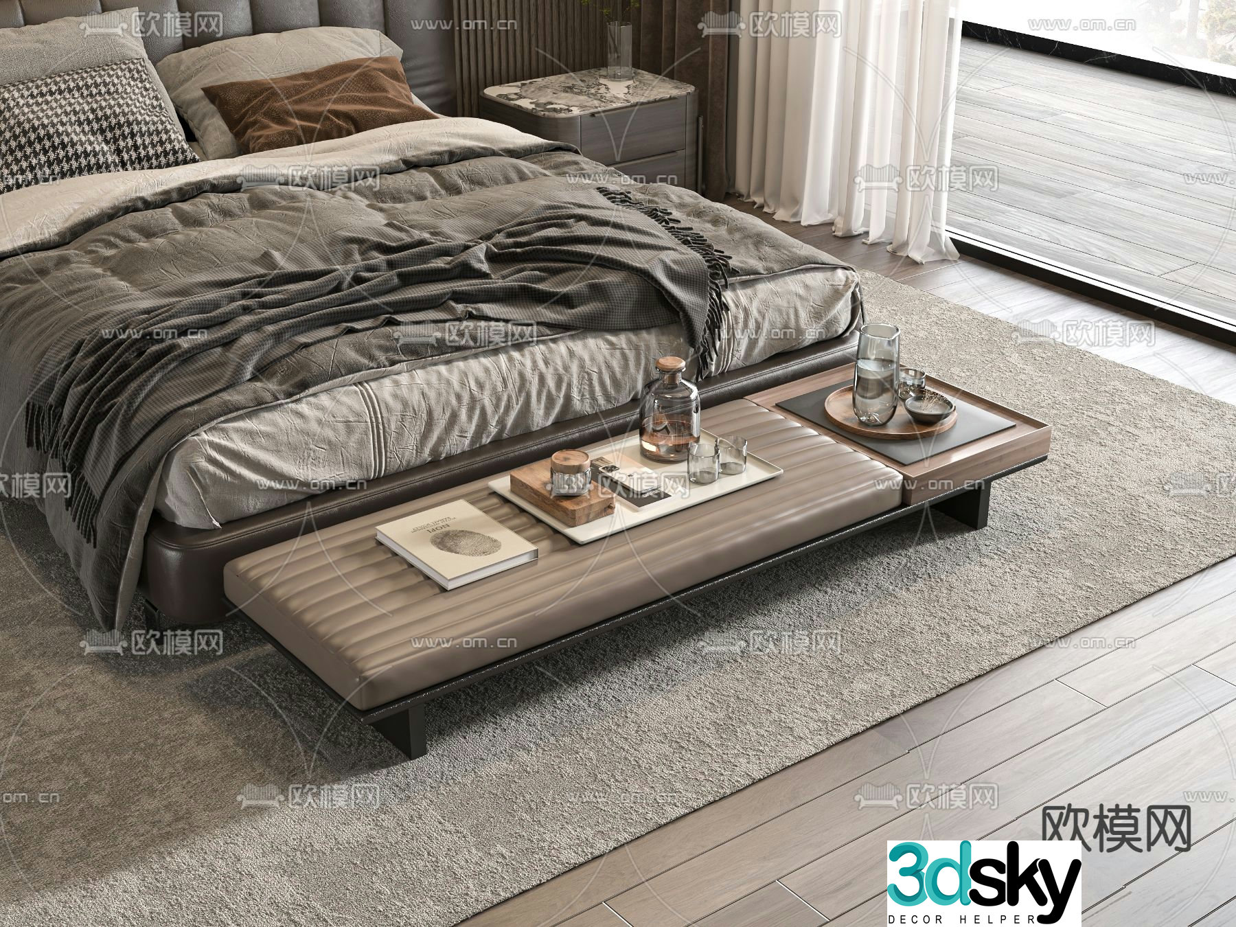 Modern bed end stool footrest 3d model