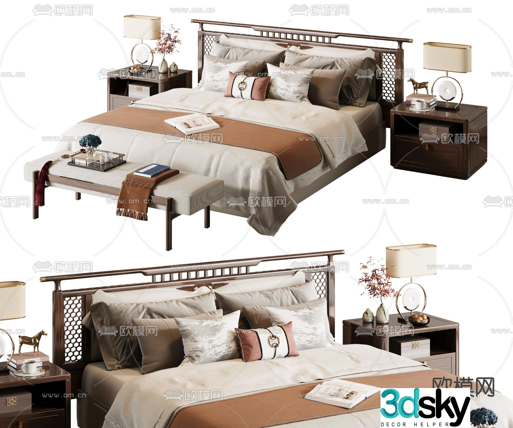 New Chinese style double bed 3d model