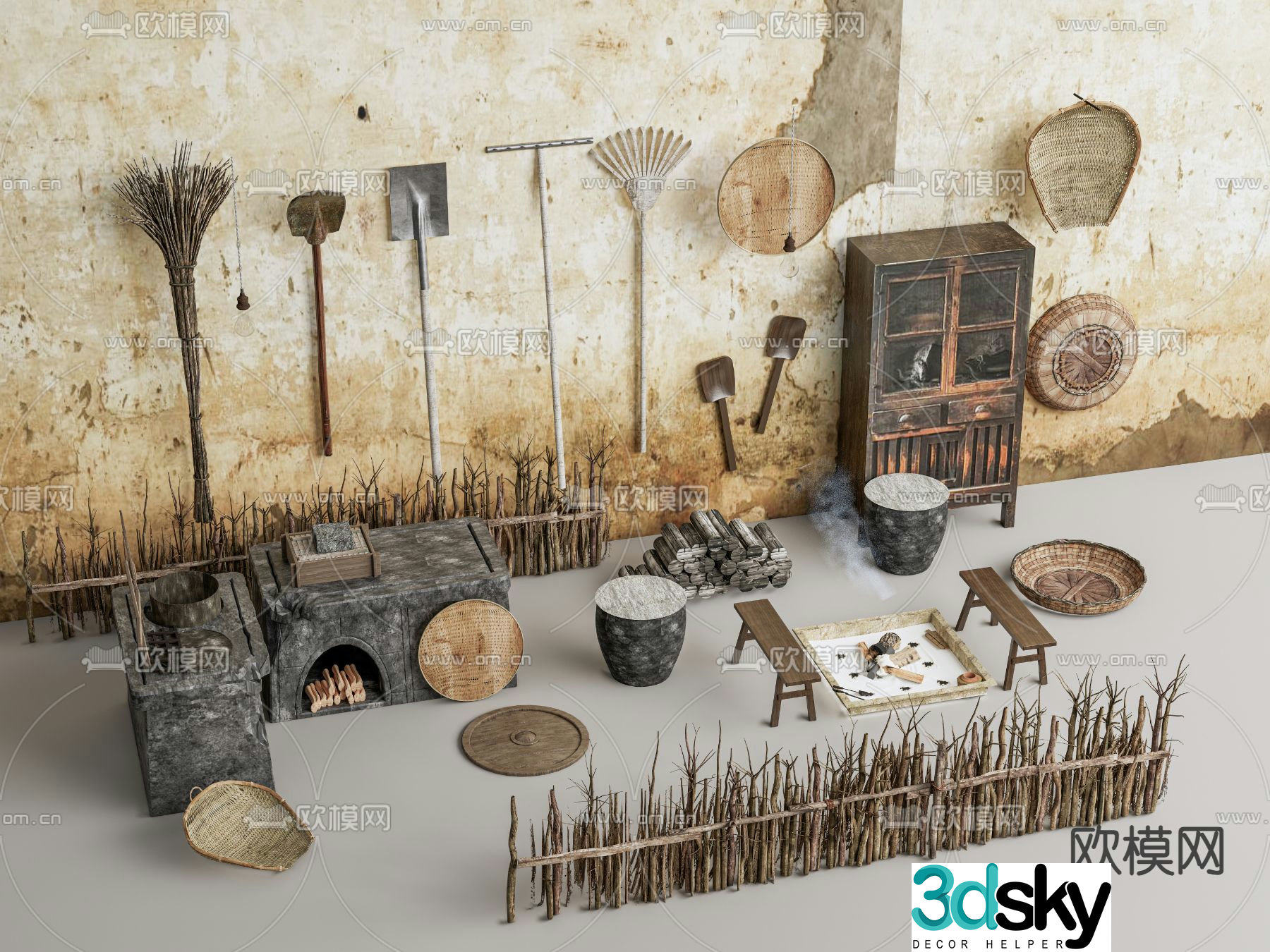 Rural folk sketch bamboo fence earth stove 3D model