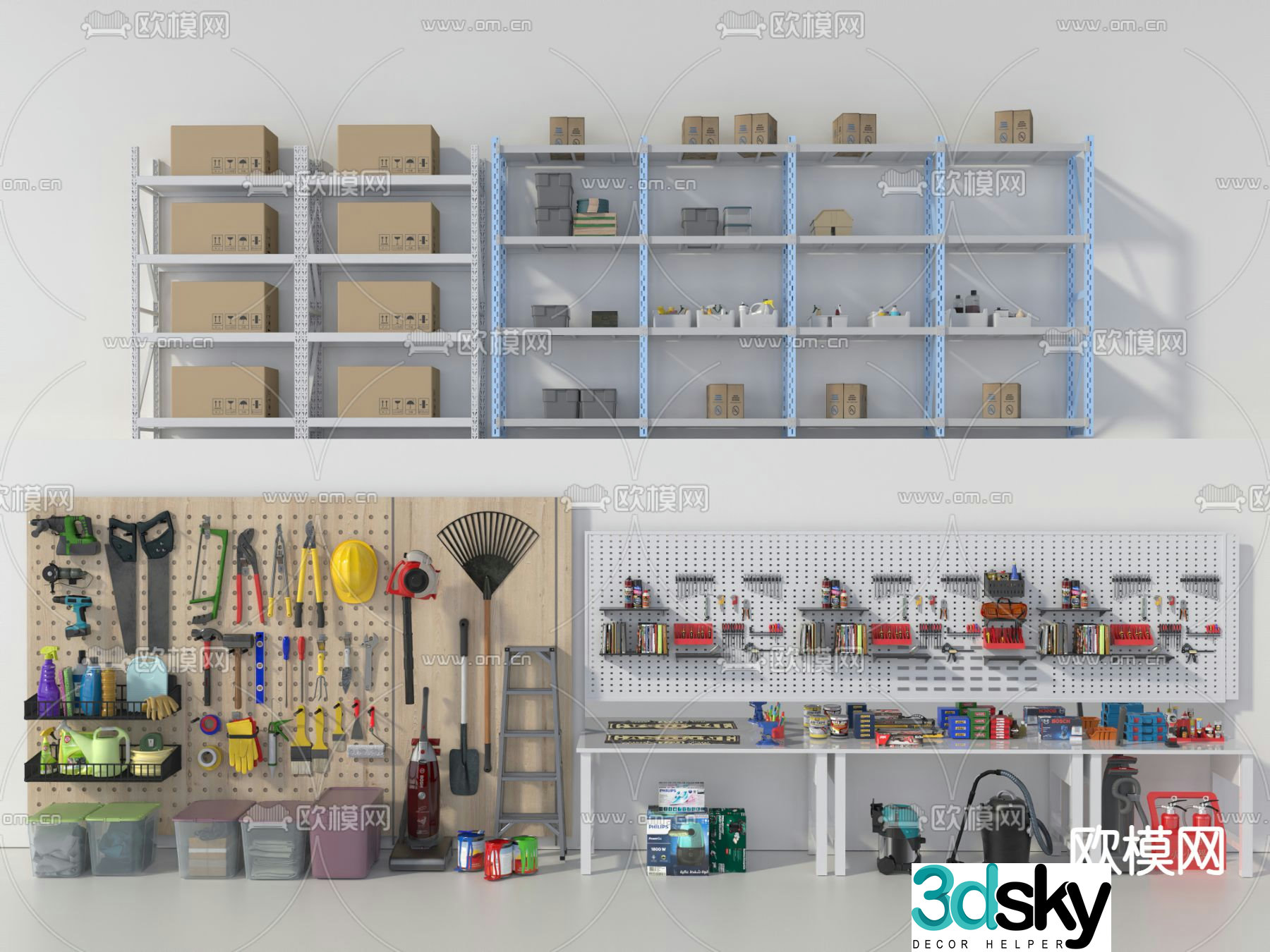 Maintenance tools, tool room miscellaneous items, shelves, workbench 3D model