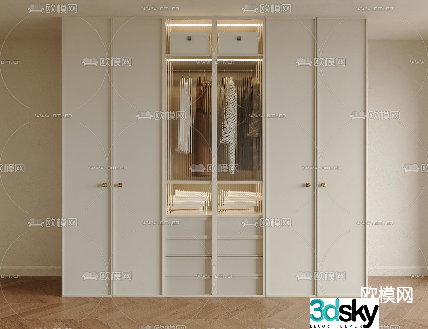 Cream wardrobe glass cabinet door 3d model